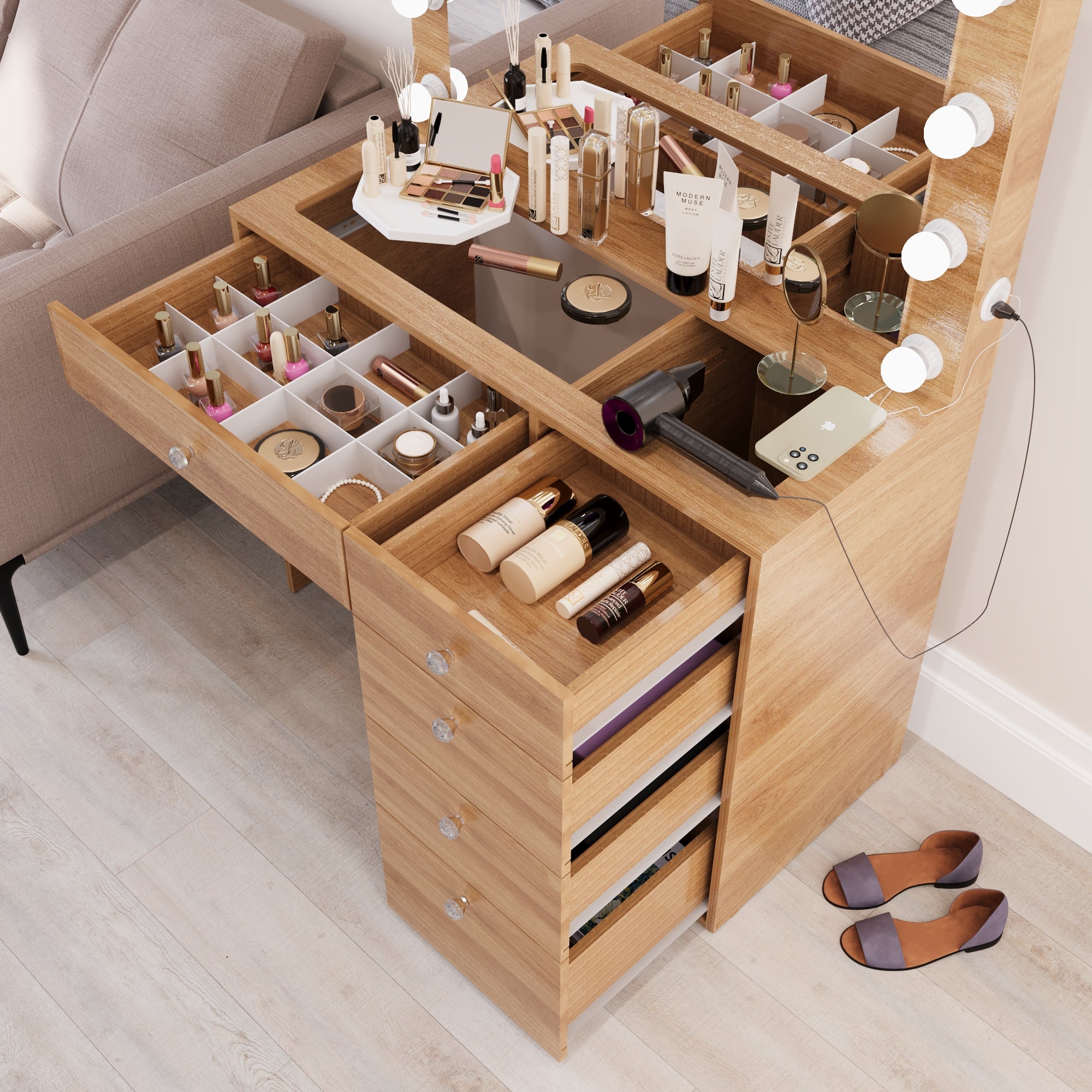 Boahaus Adele Makeup Vanity Table with Built-in Lights, USB Port & Glass top | Premium Design