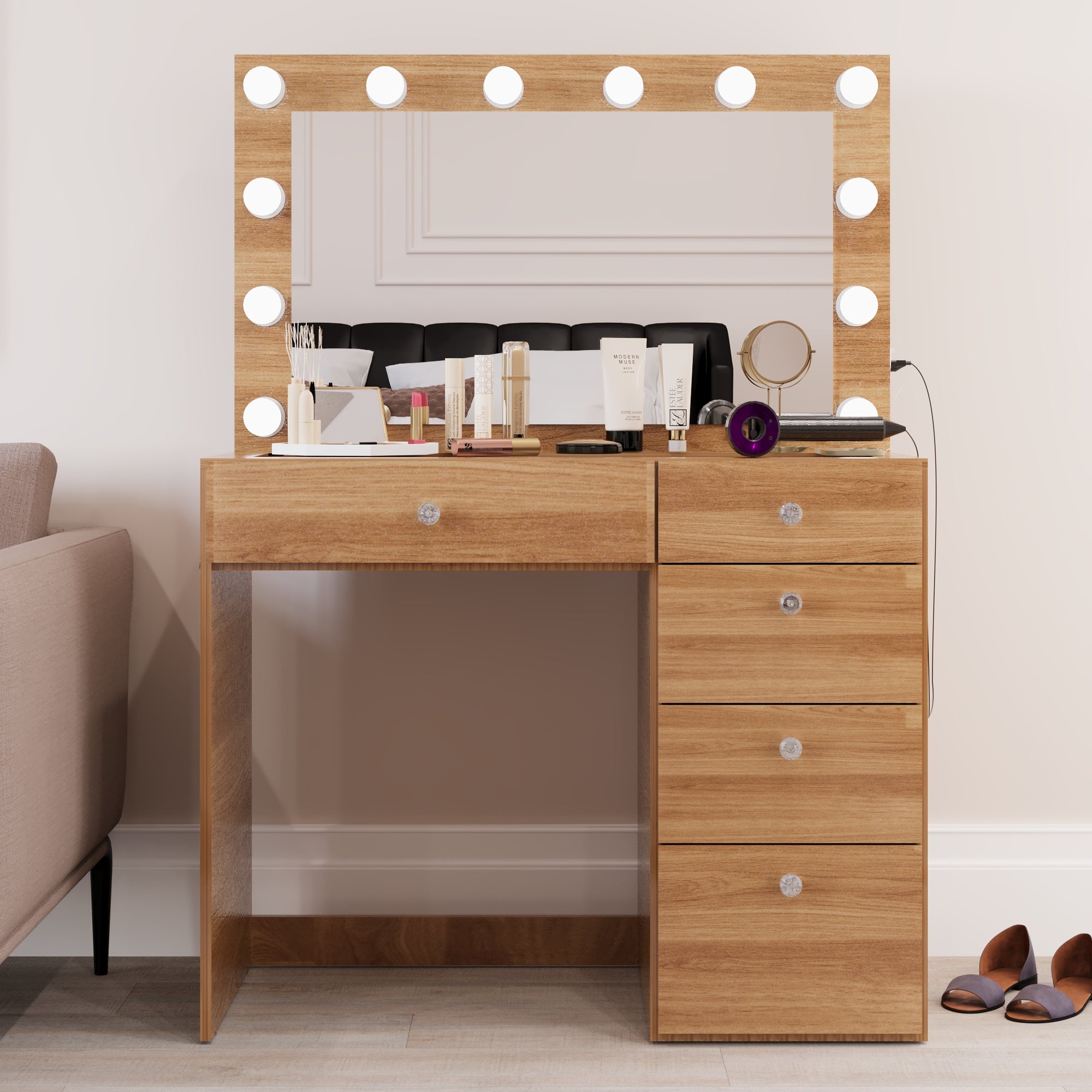 Boahaus Adele Makeup Vanity Table with Built-in Lights, USB Port & Glass top | Premium Design