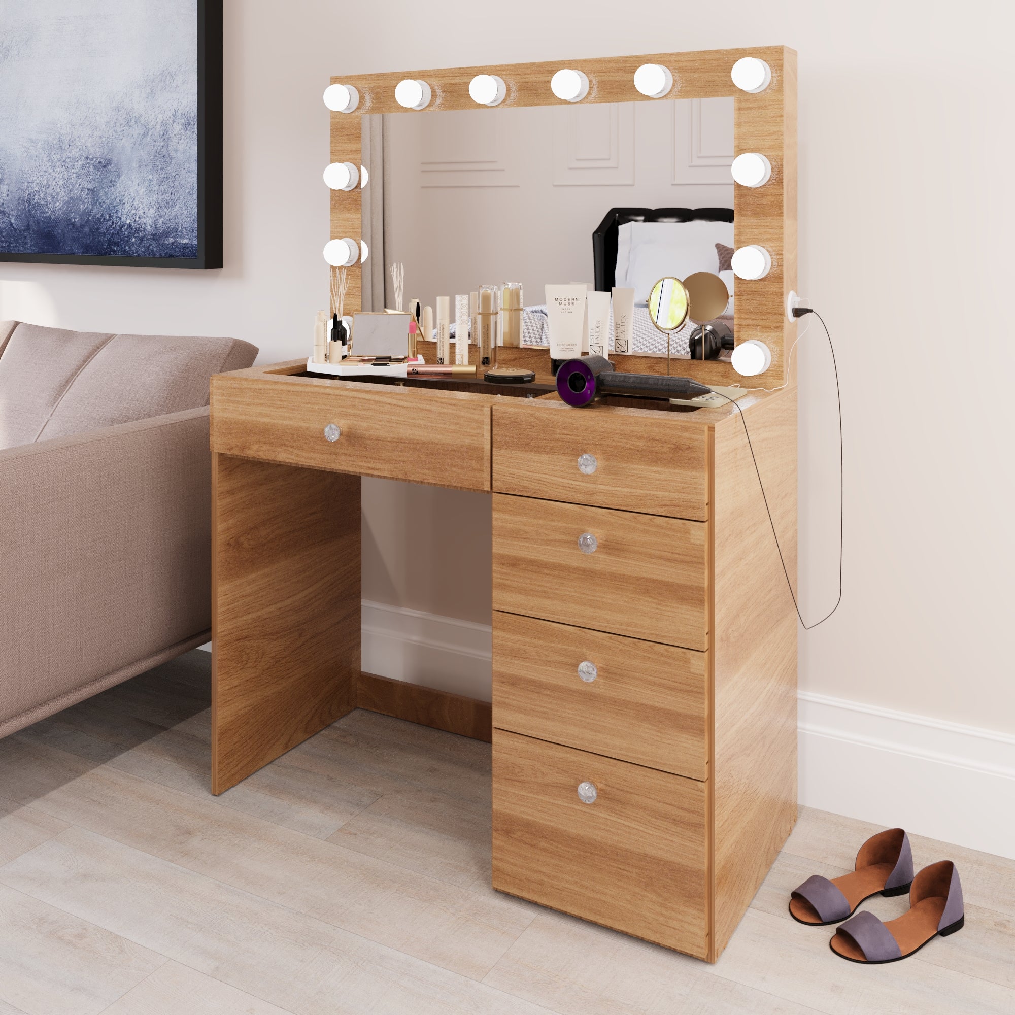 Boahaus Adele Makeup Vanity Table with Built-in Lights, USB Port & Glass top | Premium Design