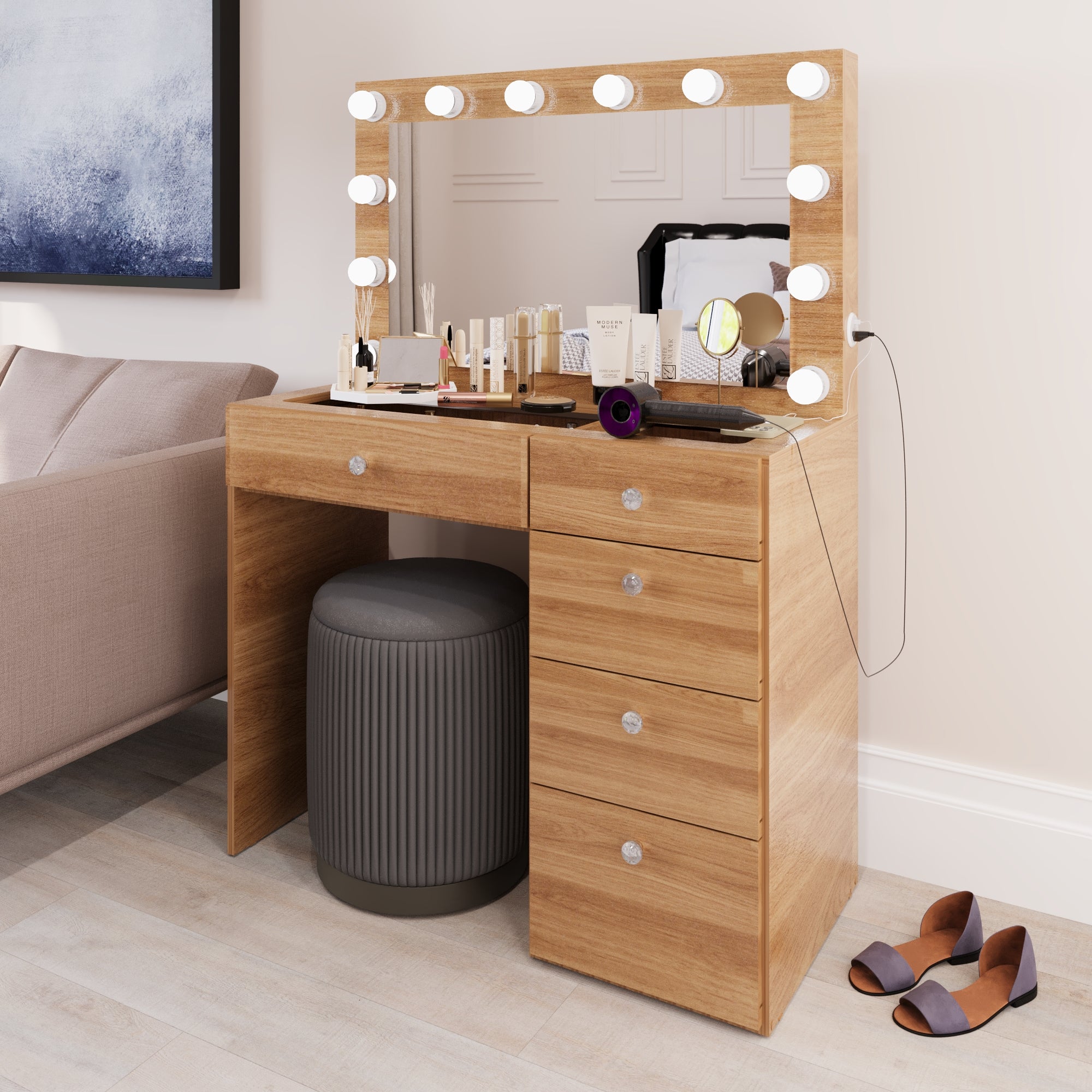 Boahaus Adele Makeup Vanity Table with Built-in Lights, USB Port & Glass top | Premium Design