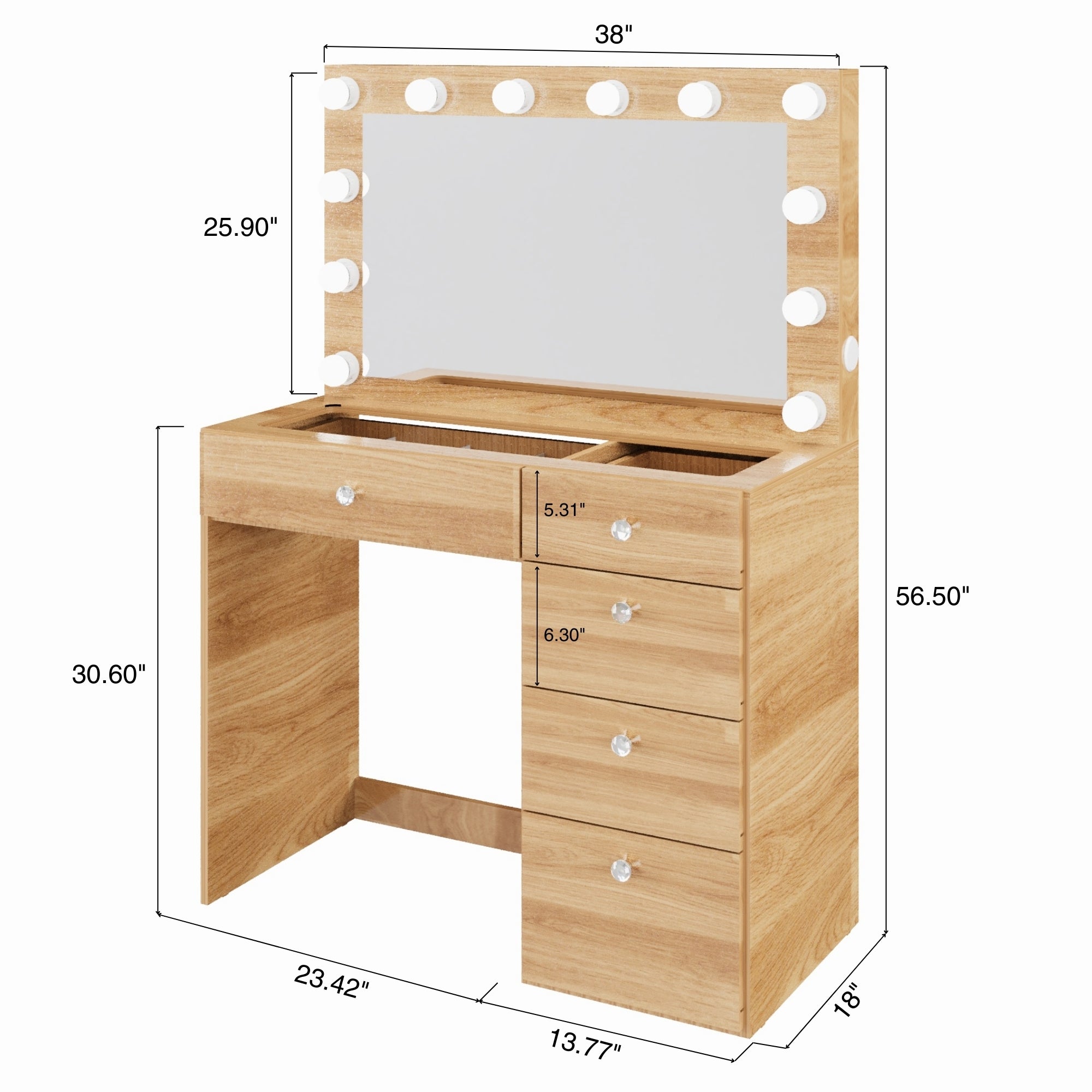 Boahaus Adele Makeup Vanity Table with Built-in Lights, USB Port & Glass top | Premium Design