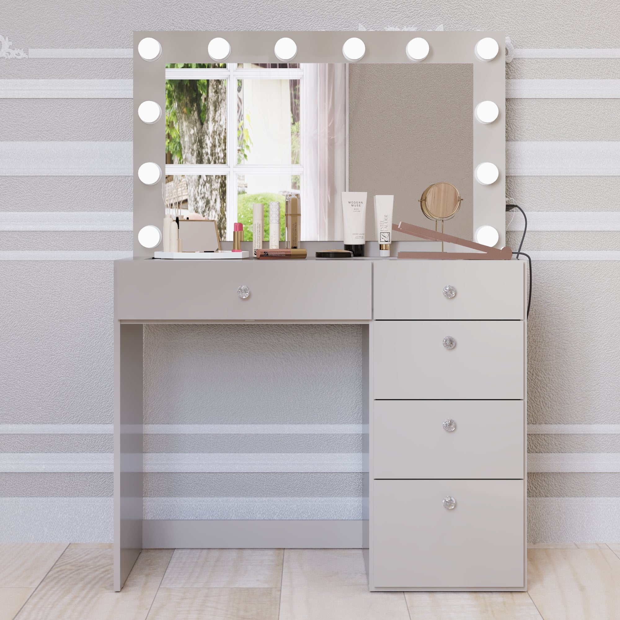 Boahaus Adele Makeup Vanity Table with Built-in Lights, USB Port & Glass top | Premium Design