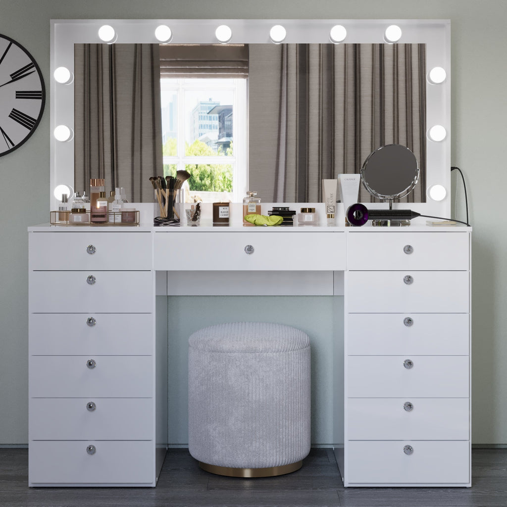 Boahaus Lindsay Lighted Vanity Table with Glass Top | White Premium Design