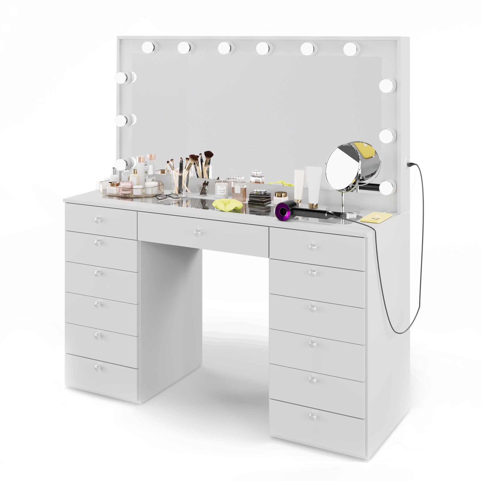 Boahaus Lindsay Lighted Vanity Table with Glass Top | White Premium Design