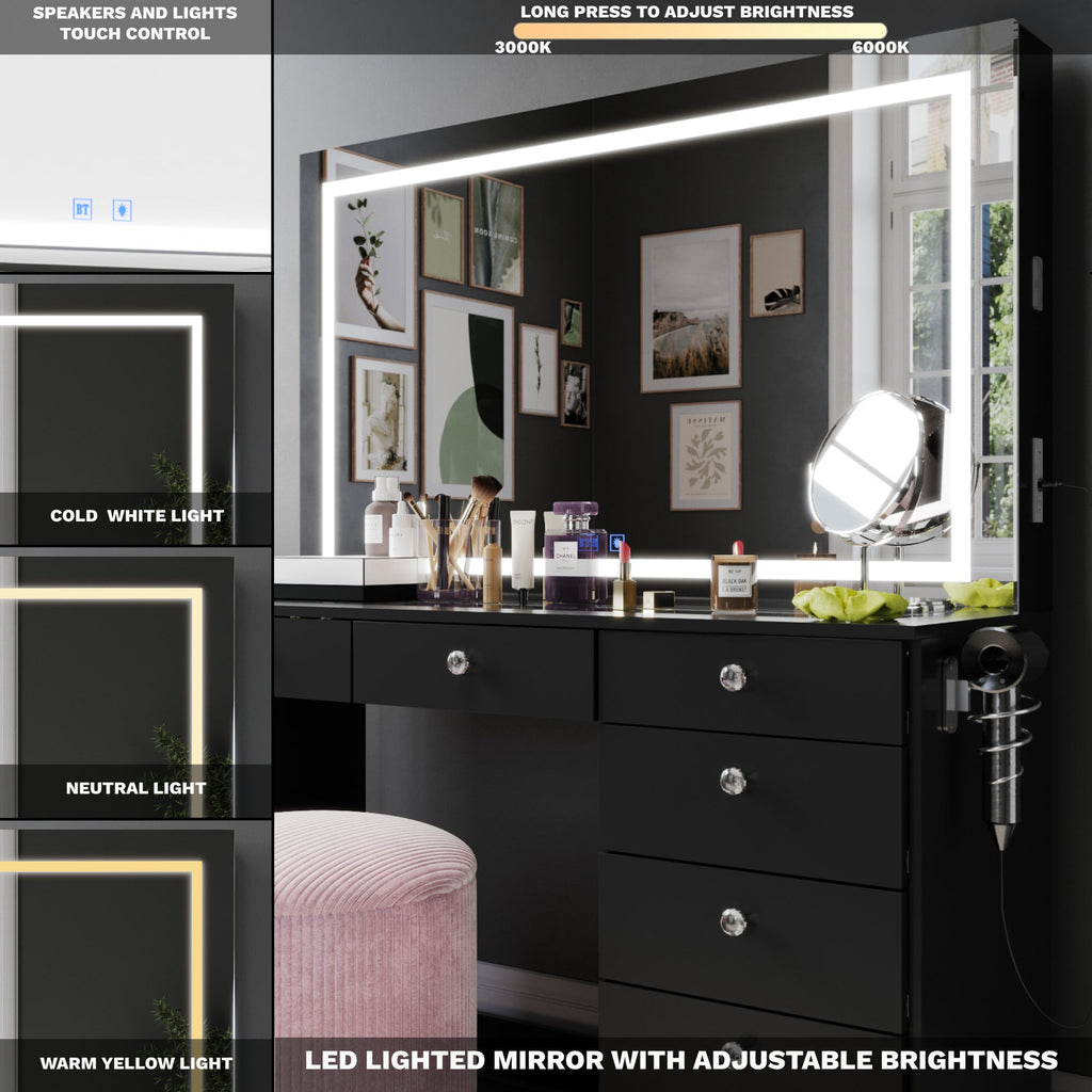 Brielle Makeup Vanity with Adjustable LED Mirror, Bluetooth Speakers, and Charging Station | Premium Boahaus Vanity