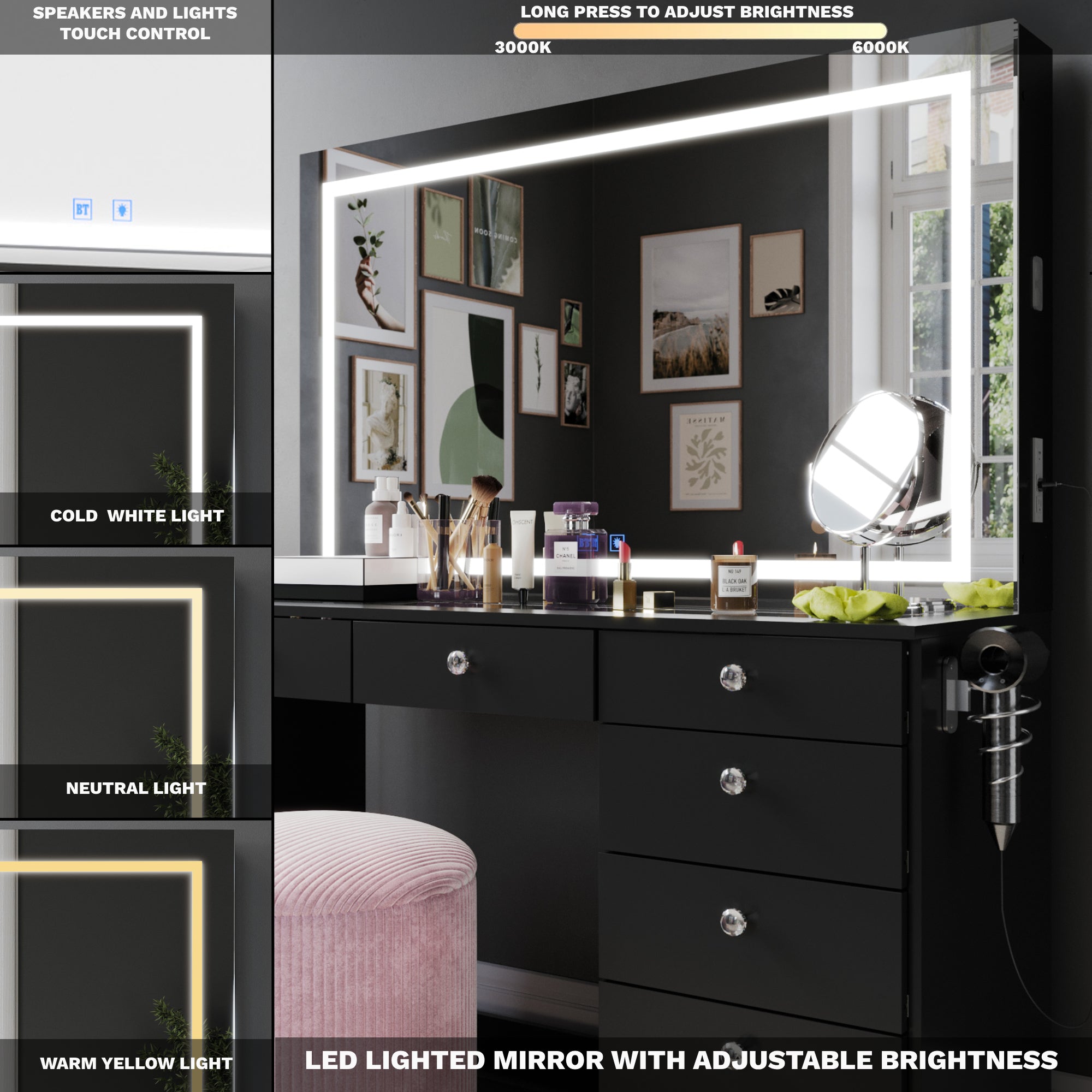 Brielle Makeup Vanity with Adjustable LED Mirror, Bluetooth Speakers, and Charging Station | Premium Boahaus Vanity (W)