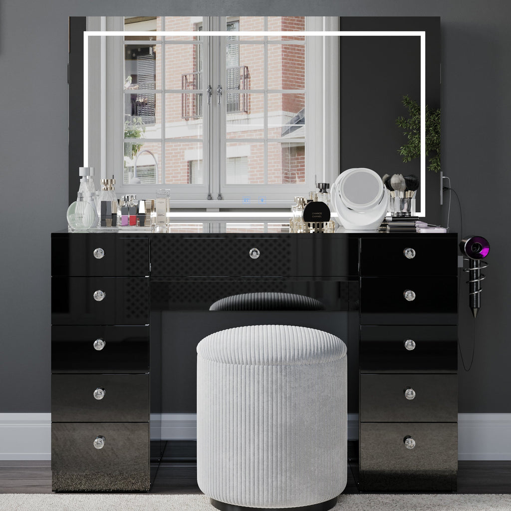 Amelia Premium Makeup Vanity with Full-Width LED Mirror, Bluetooth Speakers, and 11 Storage Drawers | Boahaus Vanity (W)