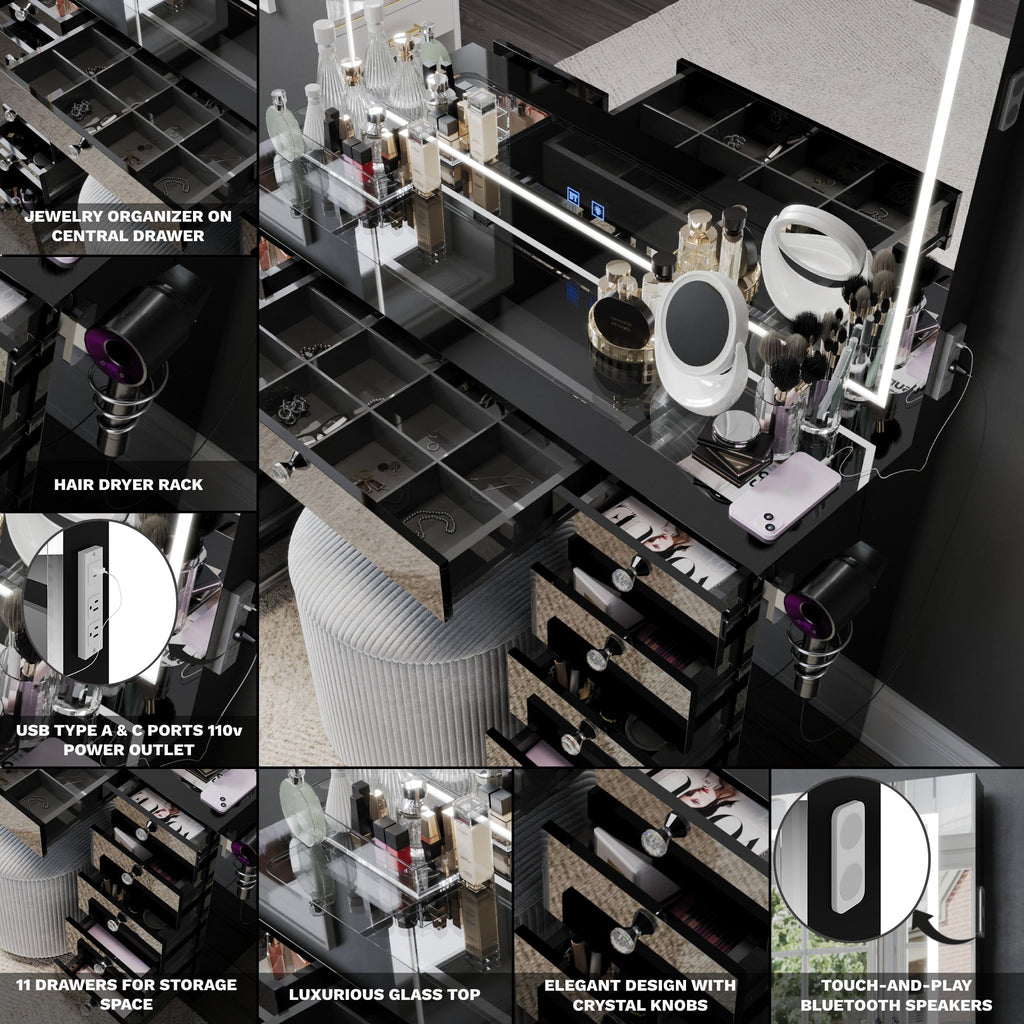 Amelia Premium Makeup Vanity with Full-Width LED Mirror, Bluetooth Speakers, and 11 Storage Drawers | Boahaus Vanity (W)