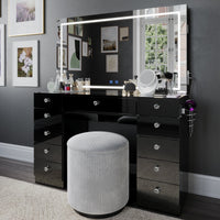 Amelia Premium Makeup Vanity with Full-Width LED Mirror, Bluetooth Speakers, and 11 Storage Drawers | Boahaus Vanity