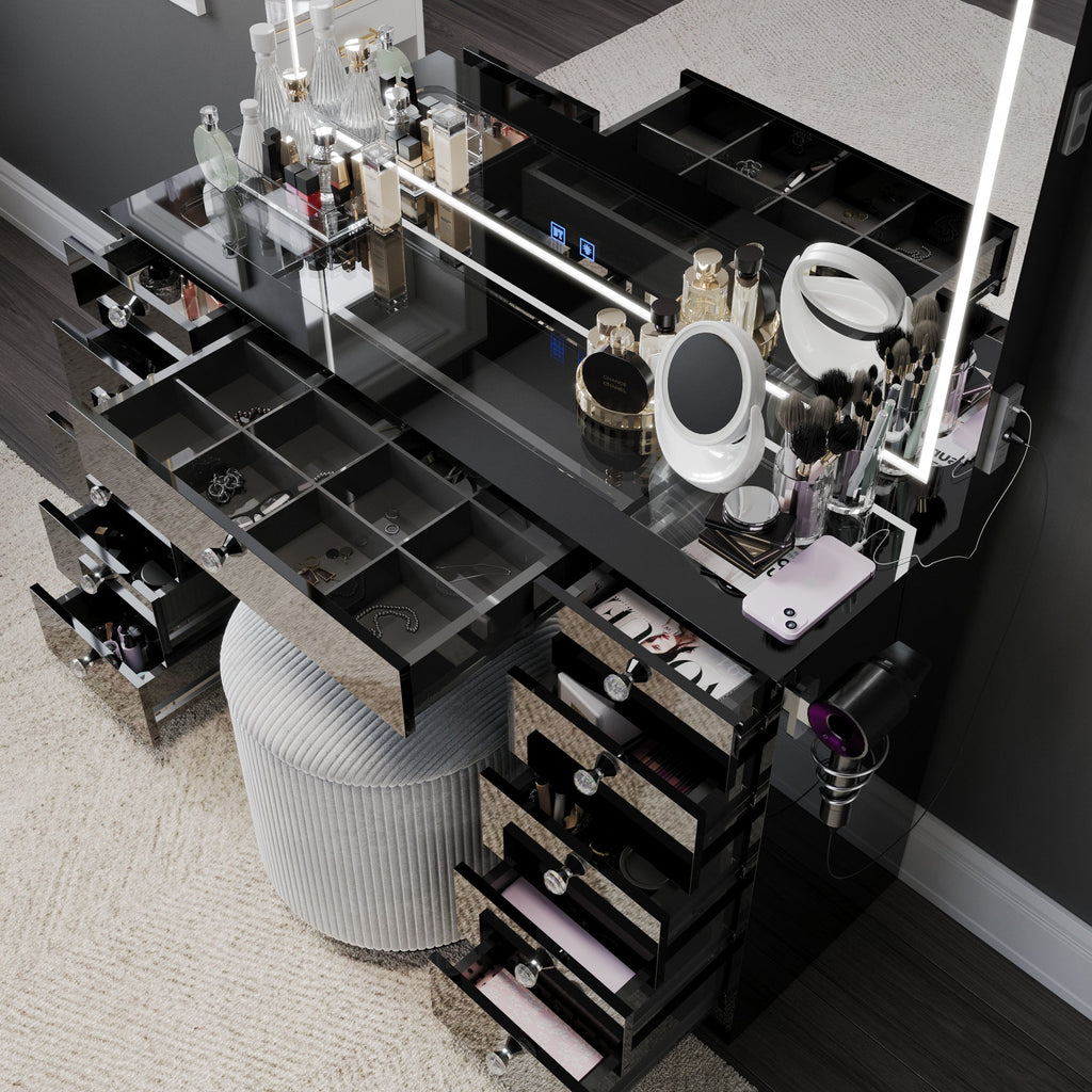Amelia Premium Makeup Vanity with Full-Width LED Mirror, Bluetooth Speakers, and 11 Storage Drawers | Boahaus Vanity (W)
