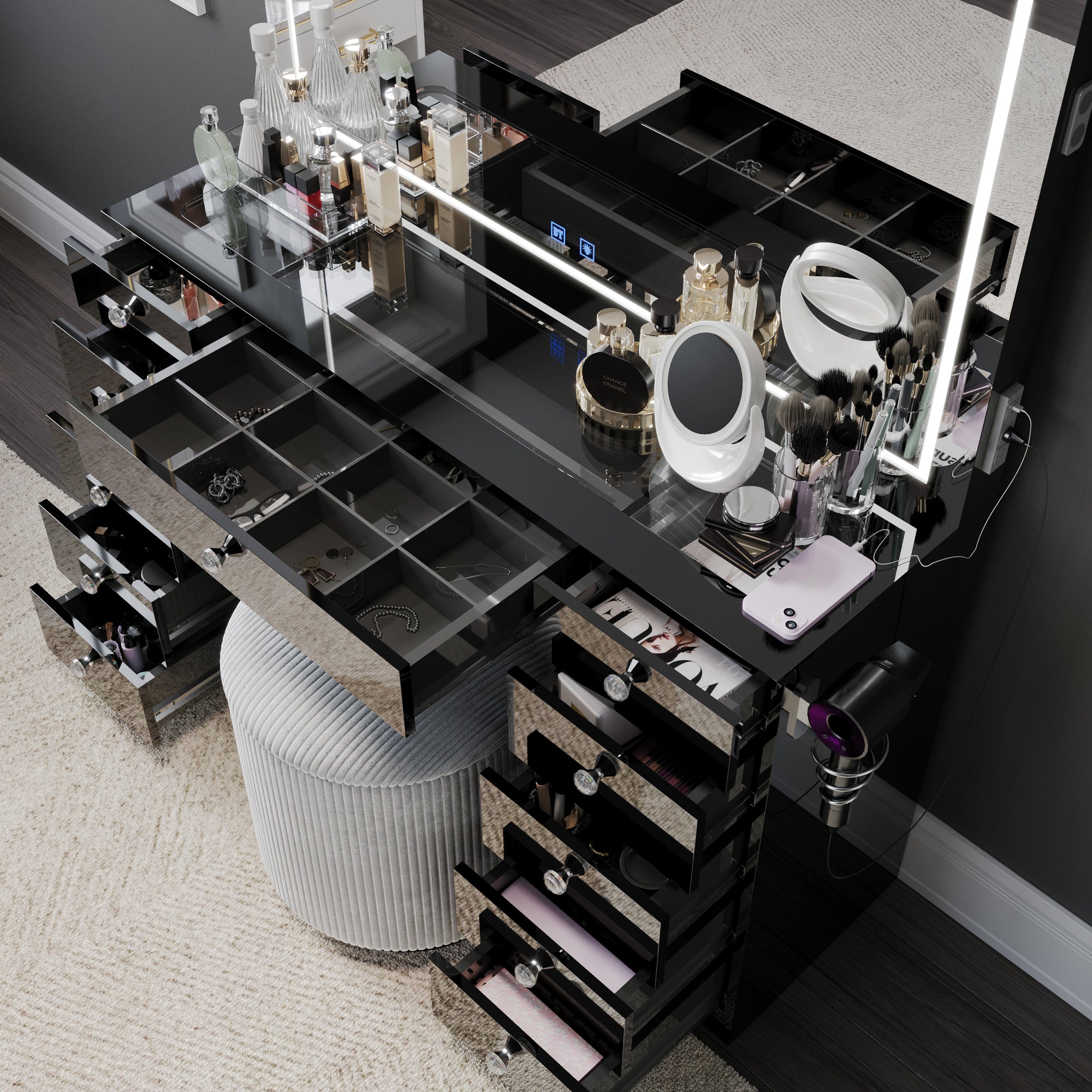 Amelia Premium Makeup Vanity with Full-Width LED Mirror, Bluetooth Speakers, and 11 Storage Drawers | Boahaus Vanity (W)