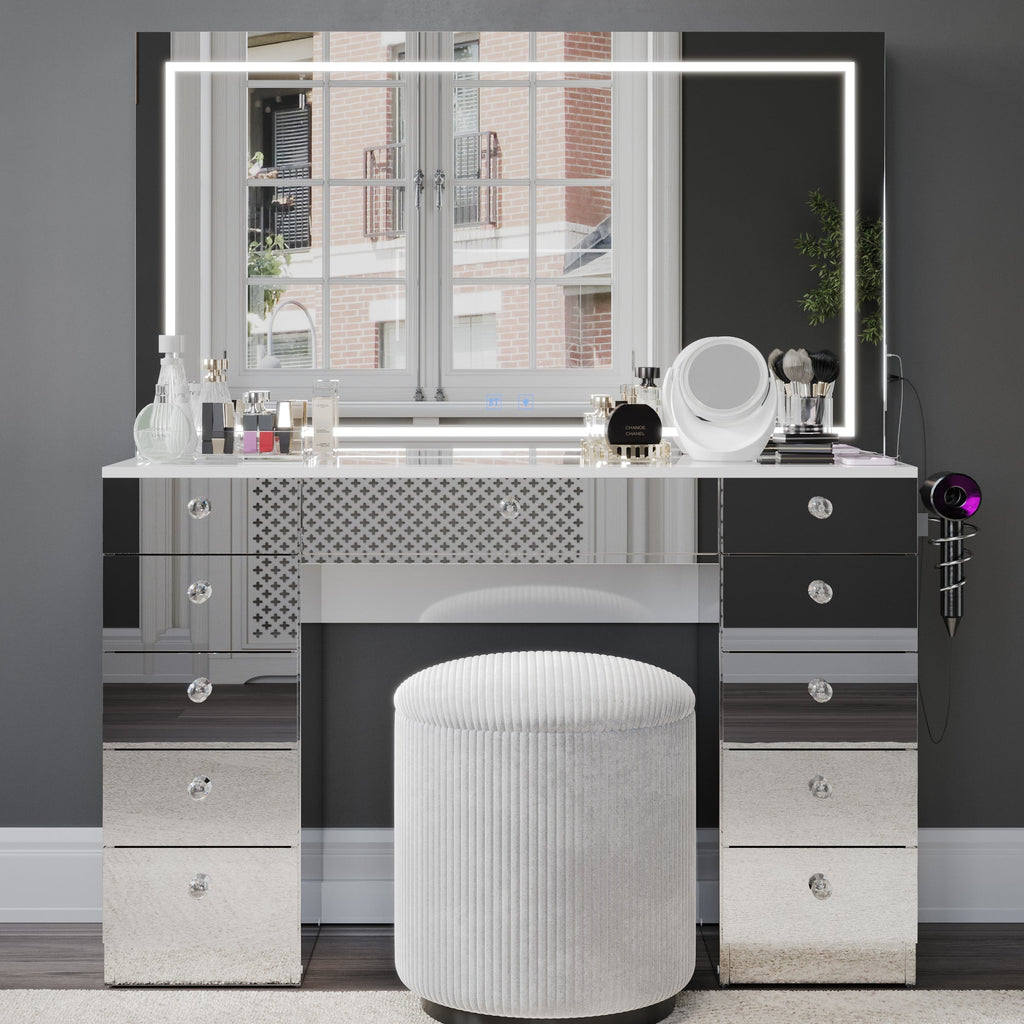 Amelia Premium Makeup Vanity with Full-Width LED Mirror, Bluetooth Speakers, and 11 Storage Drawers | Boahaus Vanity (W)