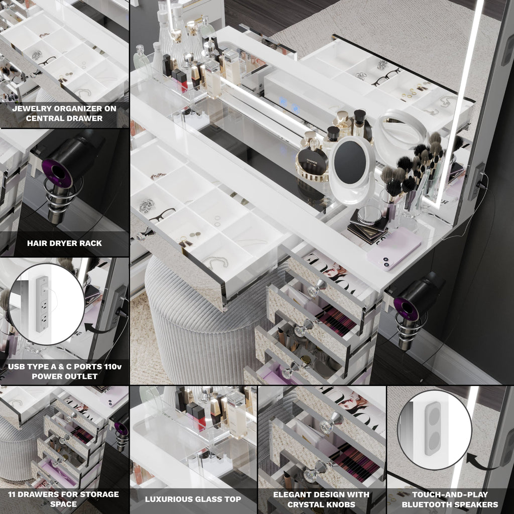 Amelia Premium Makeup Vanity with Full-Width LED Mirror, Bluetooth Speakers, and 11 Storage Drawers | Boahaus Vanity (W)