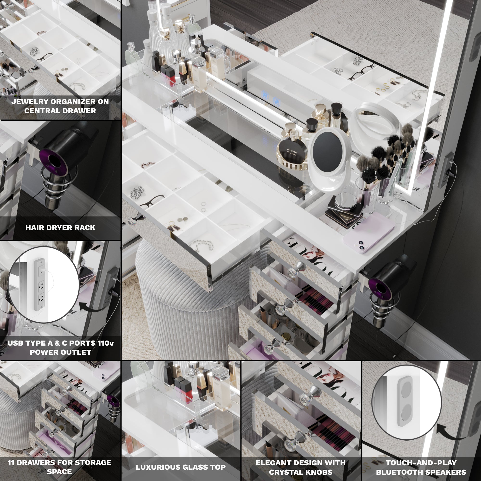 Amelia Premium Makeup Vanity with Full-Width LED Mirror, Bluetooth Speakers, and 11 Storage Drawers | Boahaus Vanity (W)