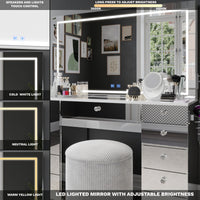 Amelia Premium Makeup Vanity with Full-Width LED Mirror, Bluetooth Speakers, and 11 Storage Drawers | Boahaus Vanity