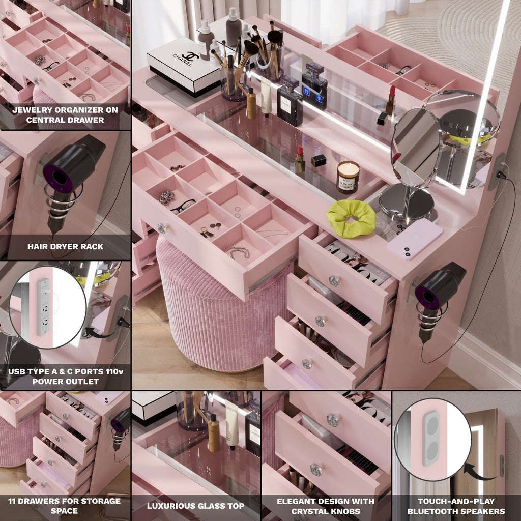 Amelia Premium Makeup Vanity with Full-Width LED Mirror, Bluetooth Speakers, and 11 Storage Drawers | Boahaus Vanity (W)