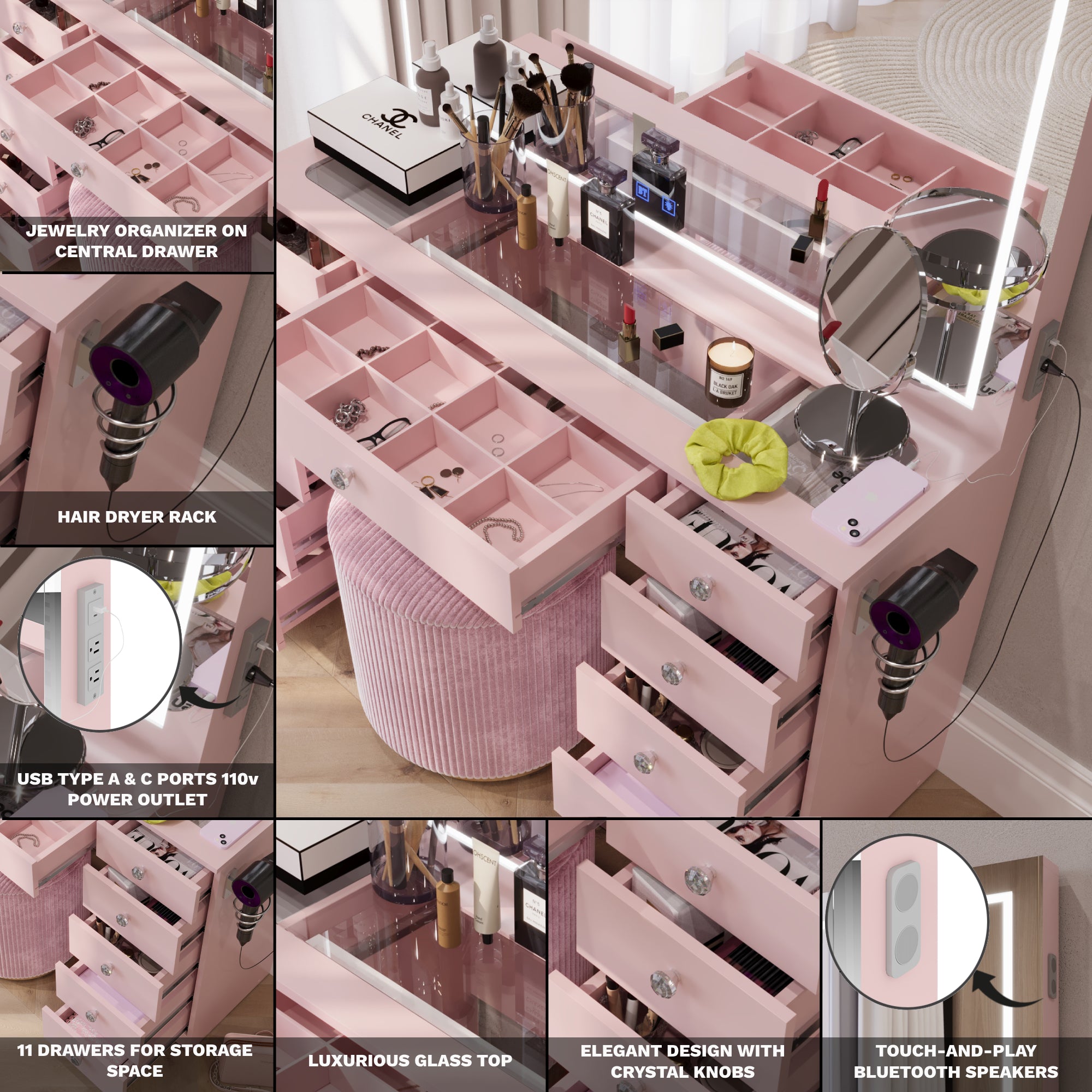 Amelia Premium Makeup Vanity with Full-Width LED Mirror, Bluetooth Speakers, and 11 Storage Drawers | Boahaus Vanity (W)