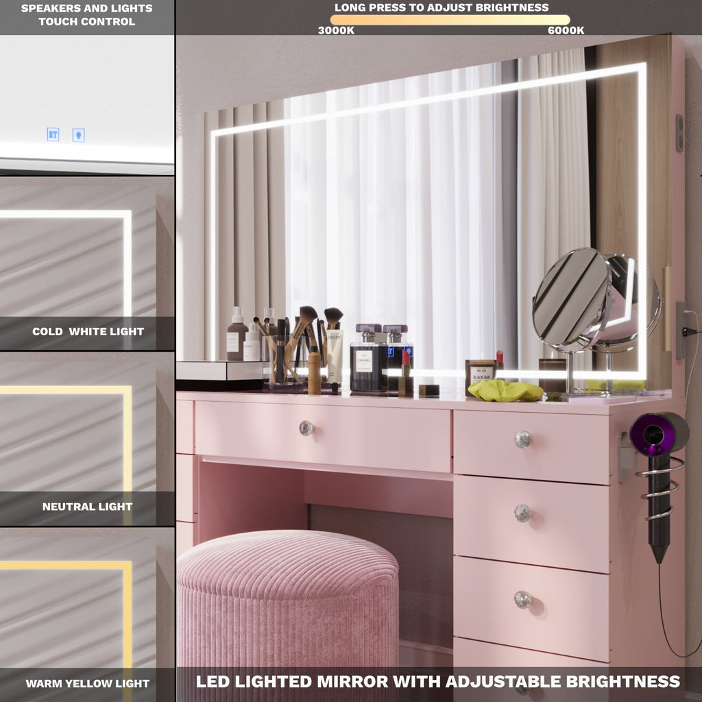 Amelia Premium Makeup Vanity with Full-Width LED Mirror, Bluetooth Speakers, and 11 Storage Drawers | Boahaus Vanity (W)