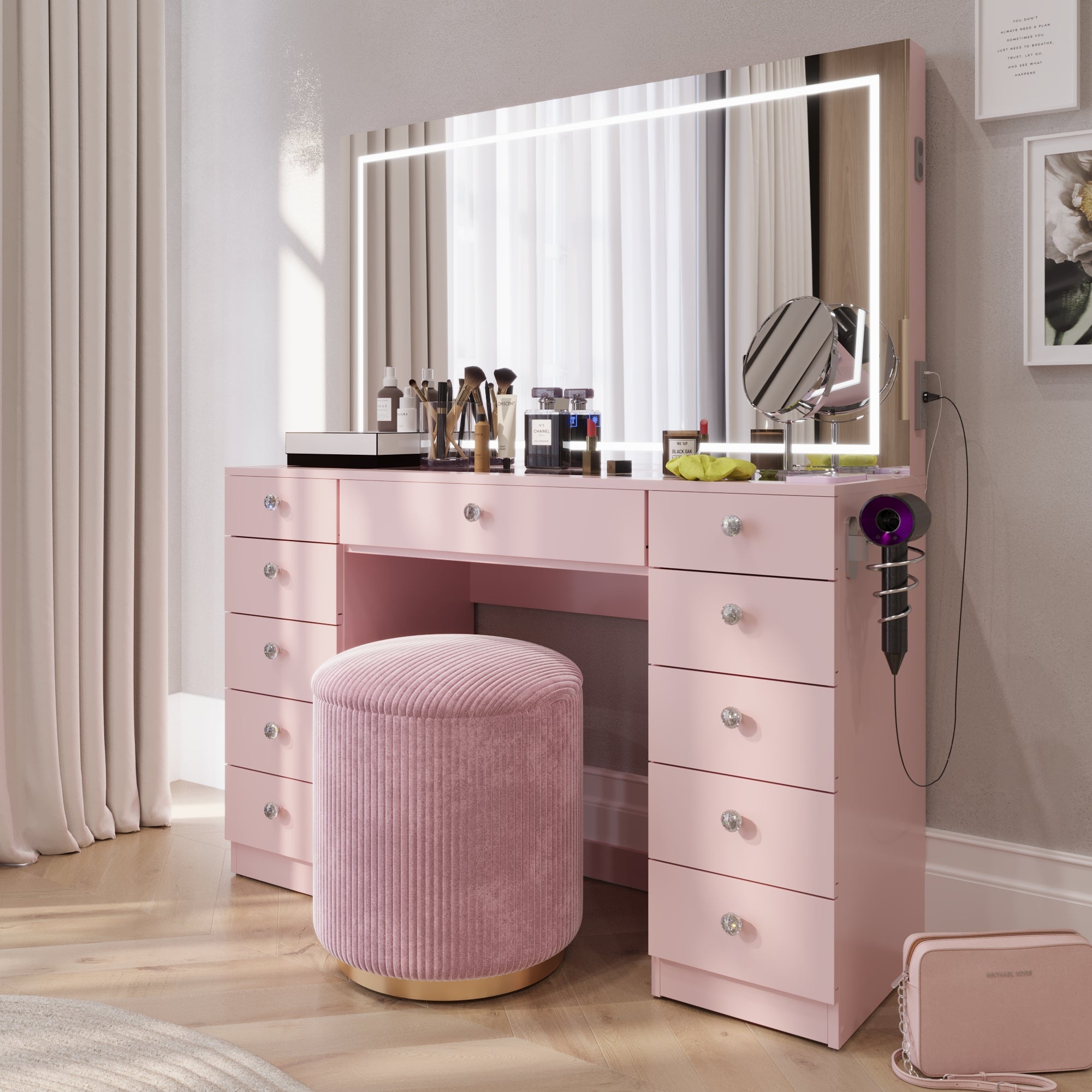 Amelia Premium Makeup Vanity with Full-Width LED Mirror, Bluetooth Speakers, and 11 Storage Drawers | Boahaus Vanity (W)