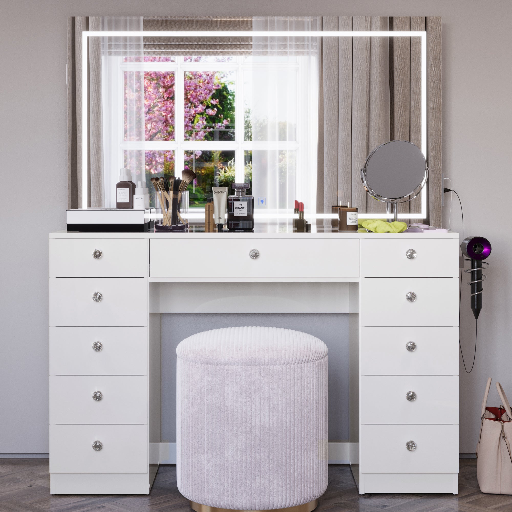 Amelia Premium Makeup Vanity with Full-Width LED Mirror, Bluetooth Speakers, and 11 Storage Drawers | Boahaus Vanity (W)