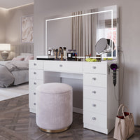 Amelia Premium Makeup Vanity with Full-Width LED Mirror, Bluetooth Speakers, and 11 Storage Drawers | Boahaus Vanity