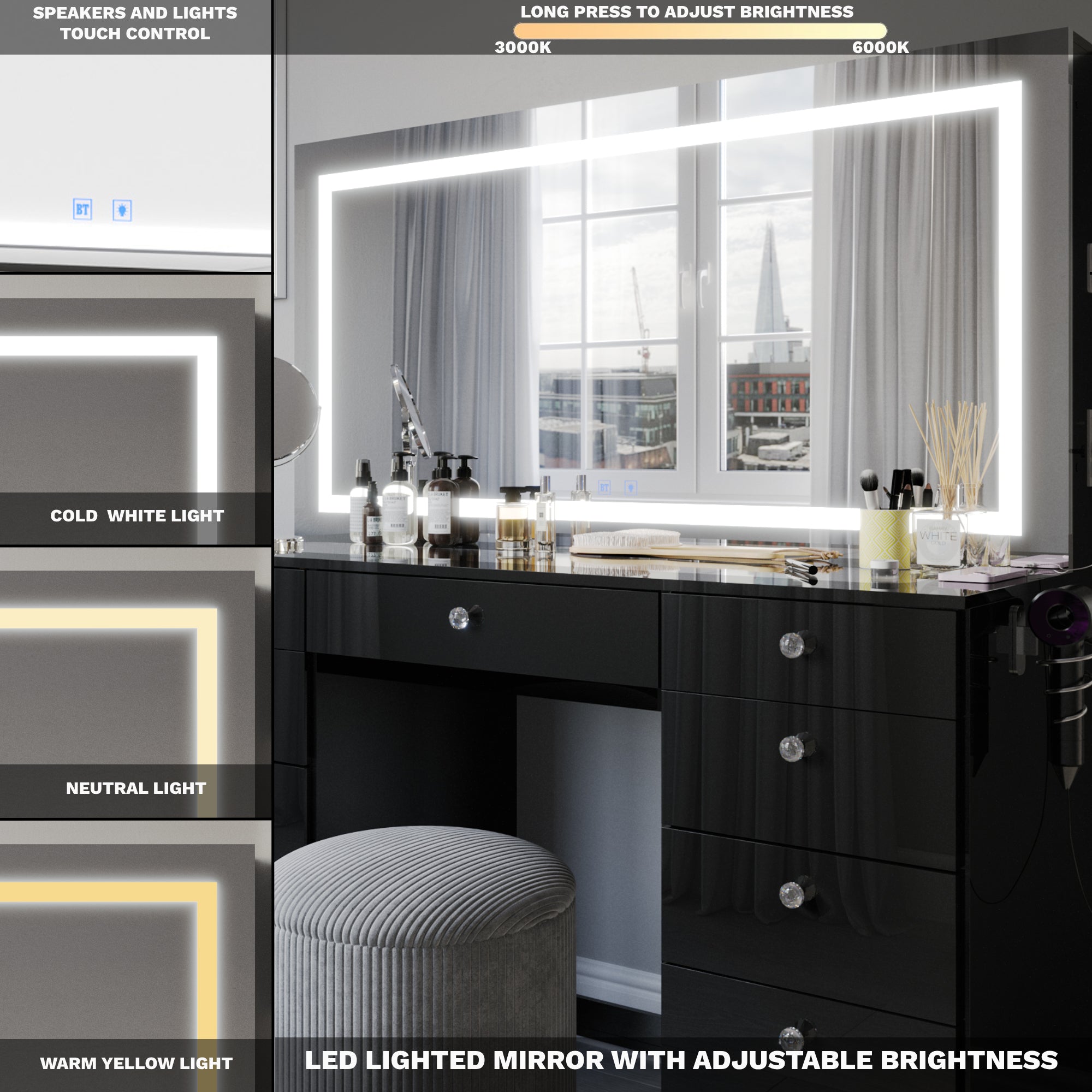 Lydia Extra-Large Premium Makeup Vanity with LED Mirror, Bluetooth Speakers, and 11 Drawers | Boahaus Vanity