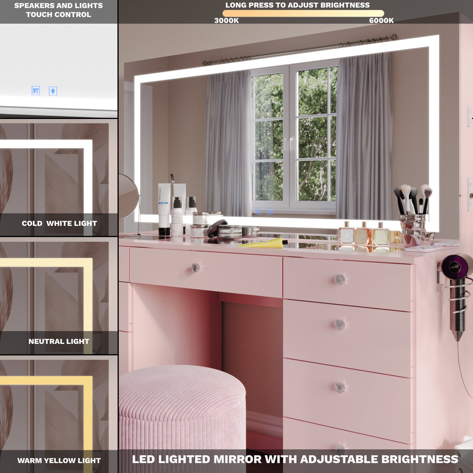 Lydia Extra-Large Premium Makeup Vanity with LED Mirror, Bluetooth Speakers, and 11 Drawers | Boahaus Vanity