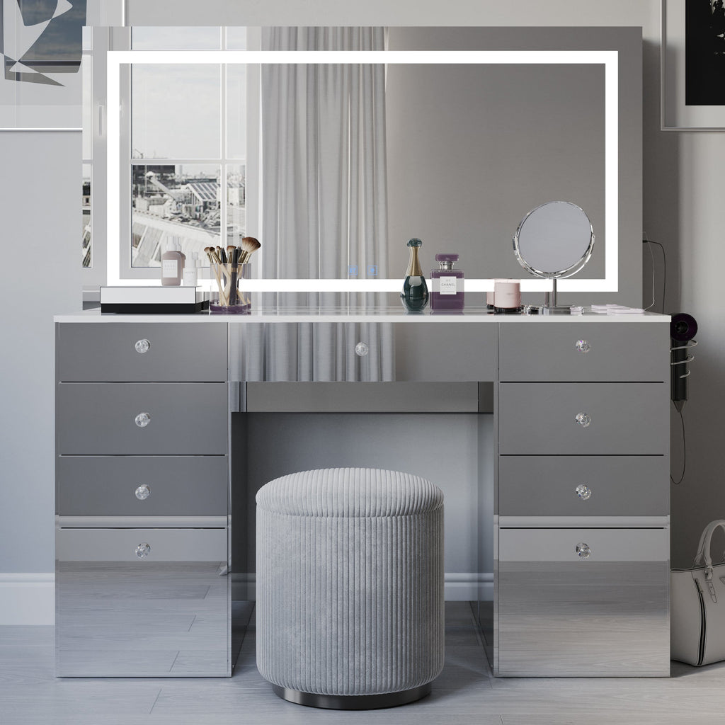 Selina Extra-Large Premium Makeup Vanity with Full-Width LED Mirror, Bluetooth Speakers, and 9 Drawers | Boahaus Vanity