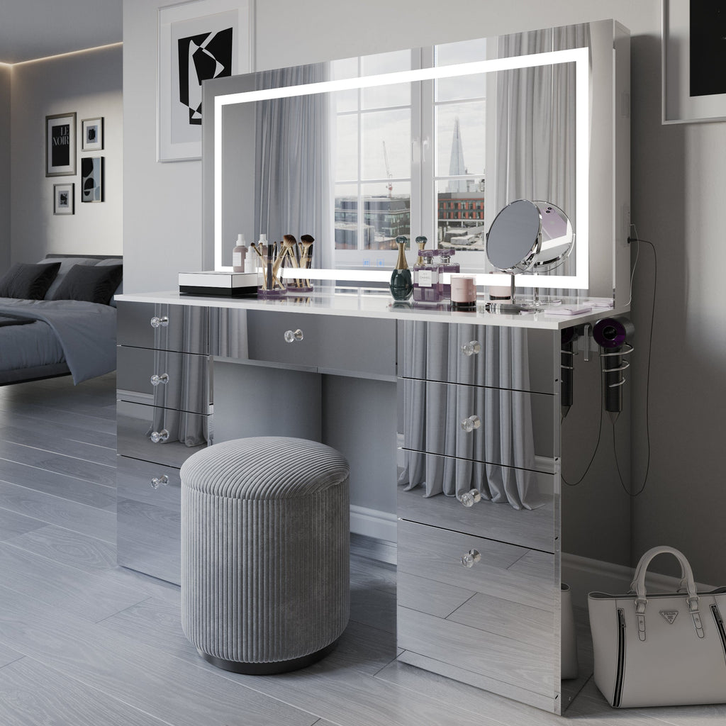 Selina Extra-Large Premium Makeup Vanity with Full-Width LED Mirror, Bluetooth Speakers, and 9 Drawers | Boahaus Vanity