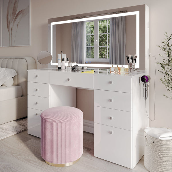 Selina Extra-Large Premium Makeup Vanity with Full-Width LED Mirror, Bluetooth Speakers, and 9 Drawers | Boahaus Vanity