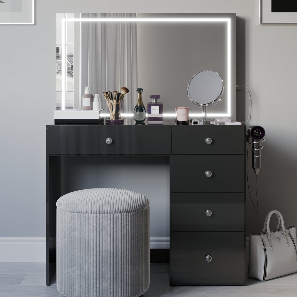Emilia Premium Makeup Vanity with LED Mirror, Bluetooth Speakers, and 5 Drawers | Boahaus Vanity (W)