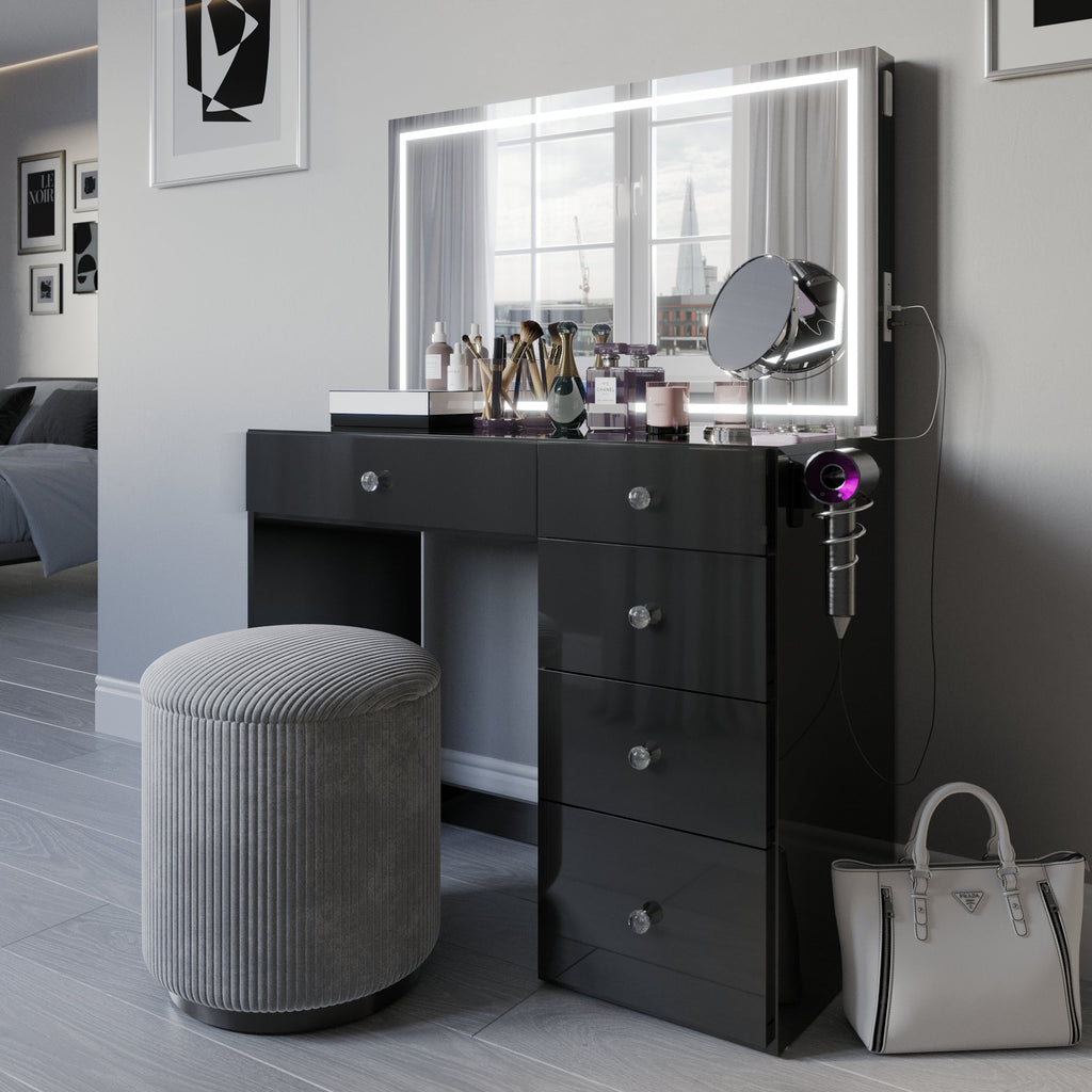 Emilia Premium Makeup Vanity with LED Mirror, Bluetooth Speakers, and 5 Drawers | Boahaus Vanity (W)
