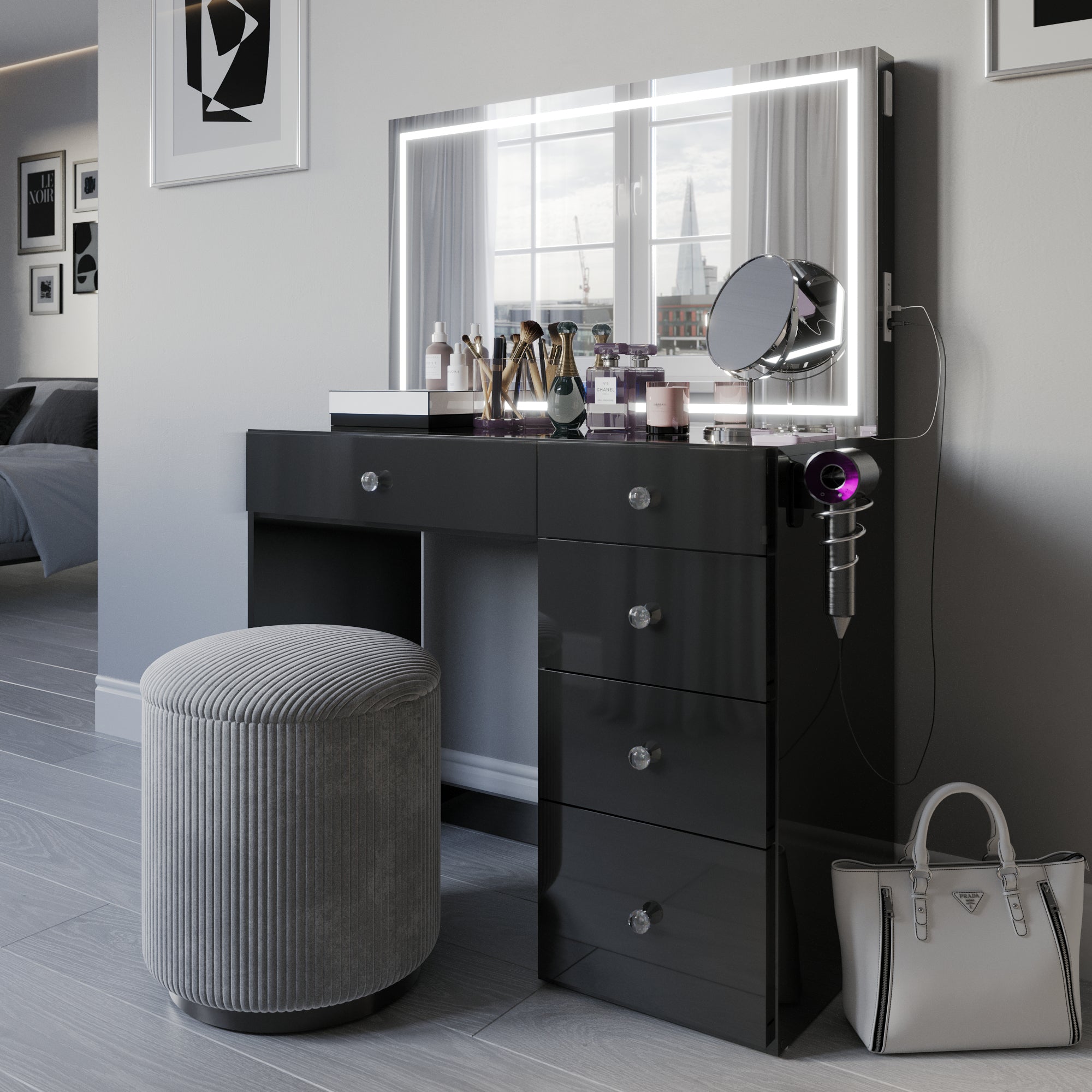 Emilia Premium Makeup Vanity with LED Mirror, Bluetooth Speakers, and 5 Drawers | Boahaus Vanity (W)