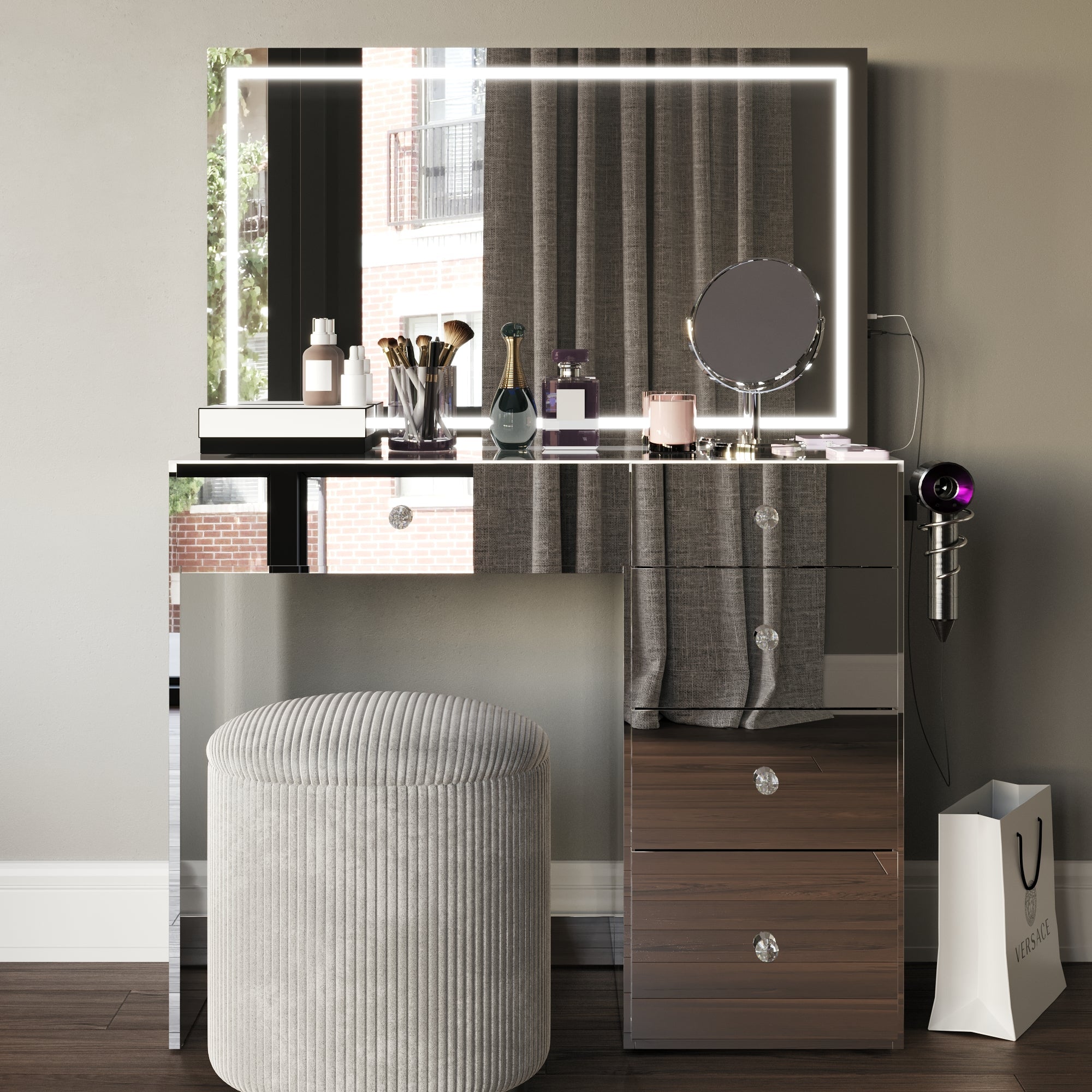 Emilia Premium Makeup Vanity with LED Mirror, Bluetooth Speakers, and 5 Drawers | Boahaus Vanity (W)