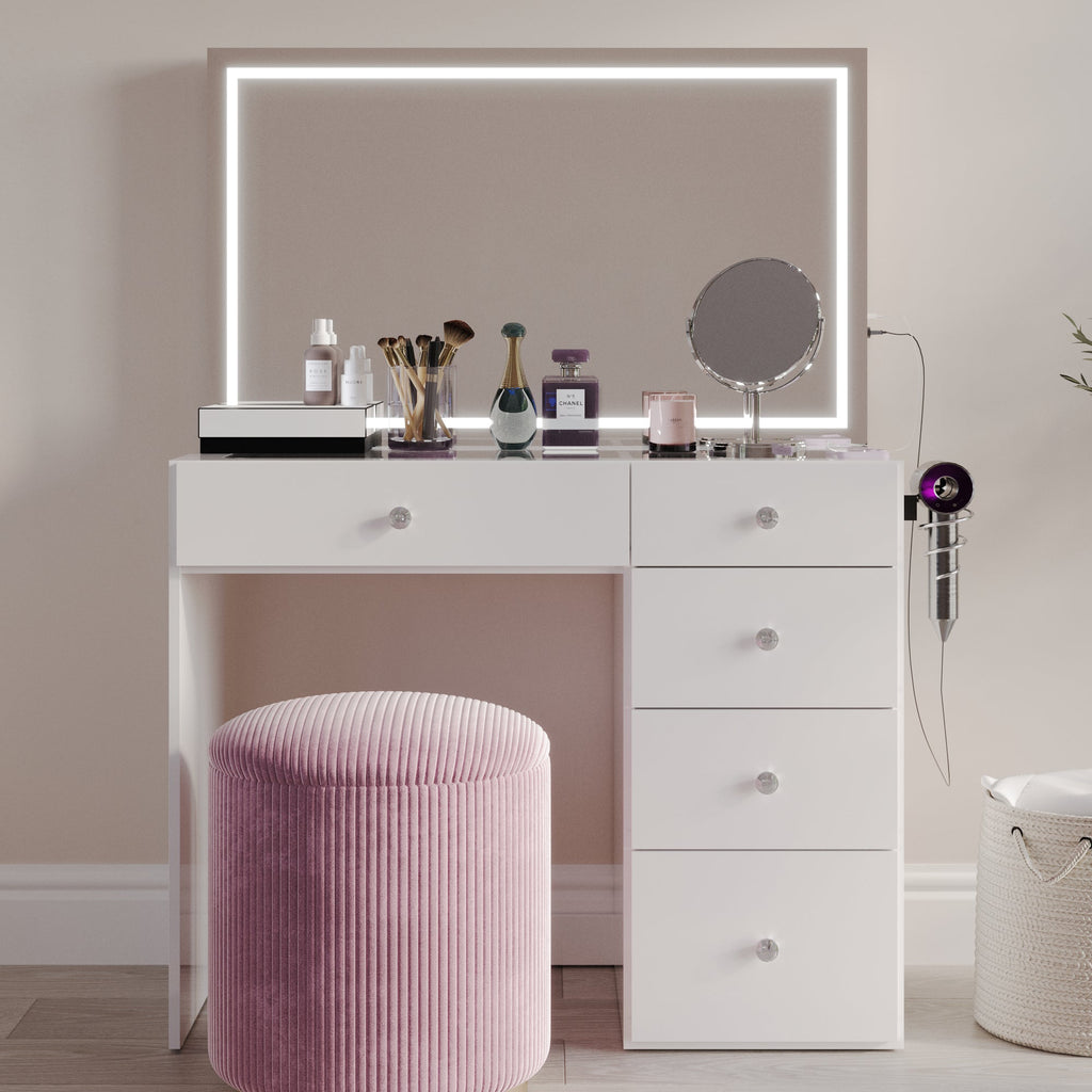 Emilia Premium Makeup Vanity with LED Mirror, Bluetooth Speakers, and 5 Drawers | Boahaus Vanity (W)