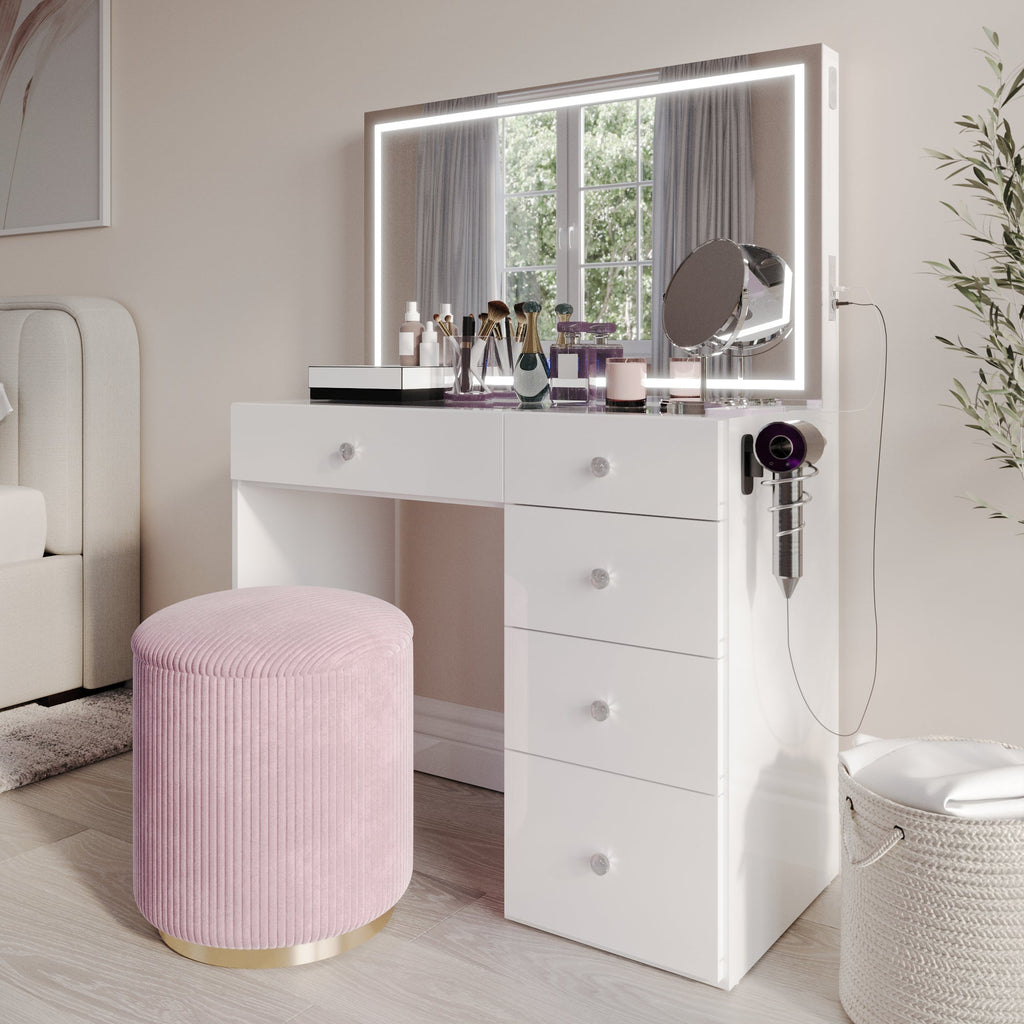 Emilia Premium Makeup Vanity with LED Mirror, Bluetooth Speakers, and 5 Drawers | Boahaus Vanity (W)