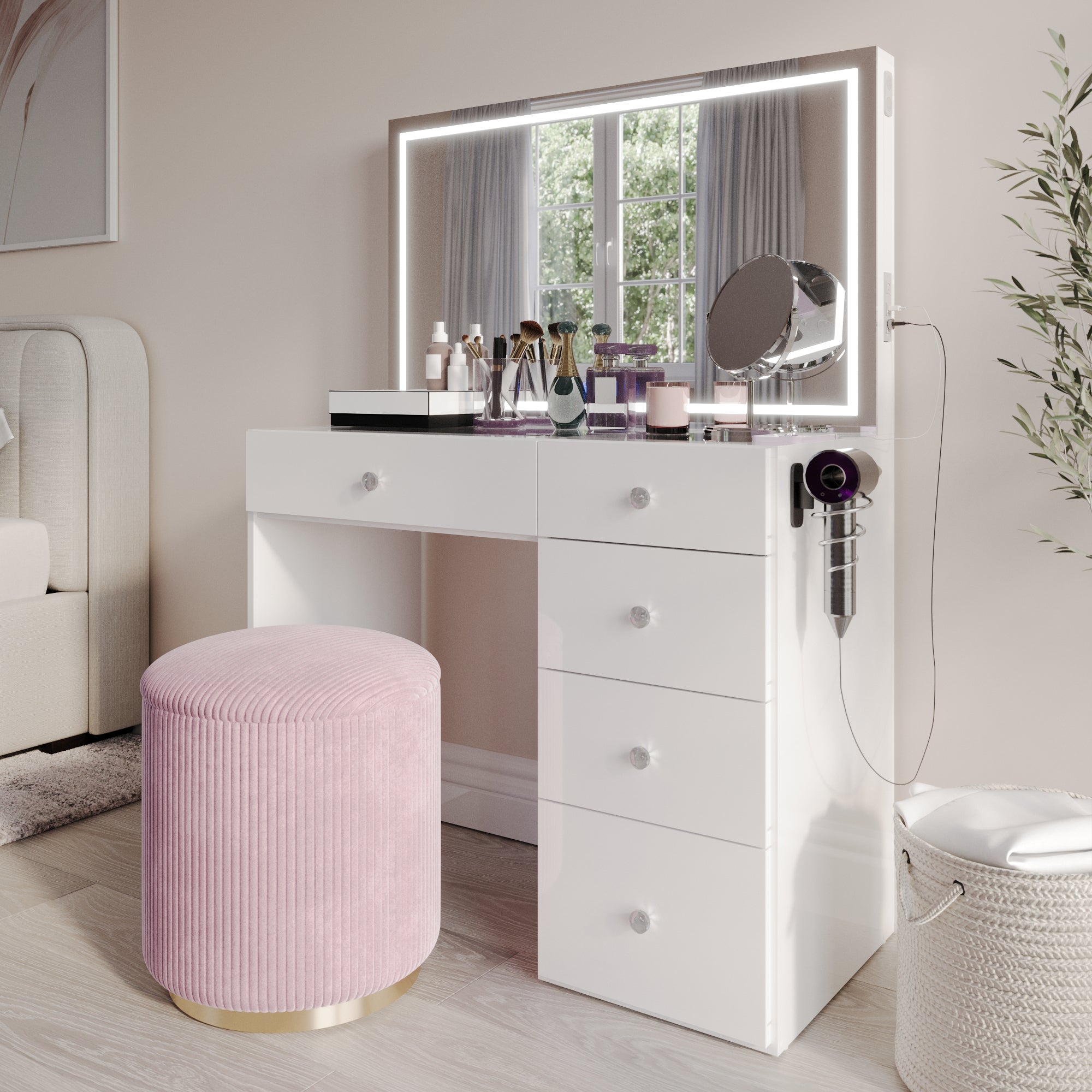 Emilia Premium Makeup Vanity with LED Mirror, Bluetooth Speakers, and 5 Drawers | Boahaus Vanity (W)