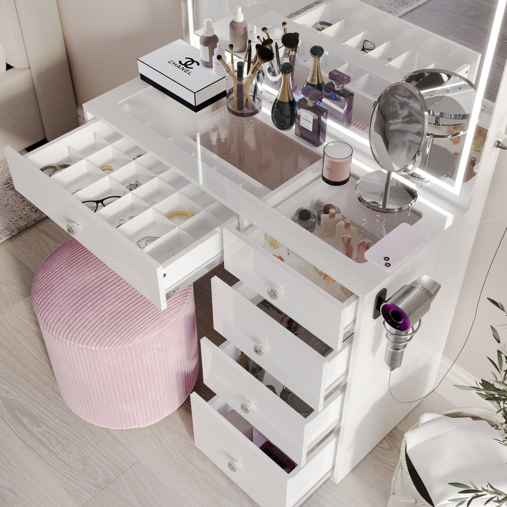 Emilia Premium Makeup Vanity with LED Mirror, Bluetooth Speakers, and 5 Drawers | Boahaus Vanity (W)