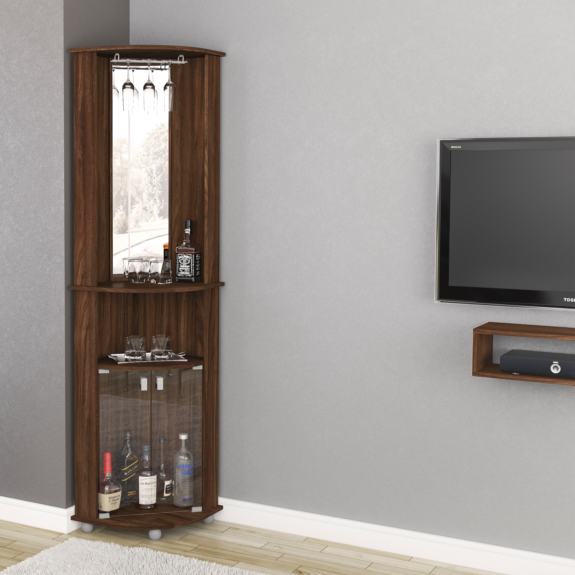 Boahaus Glasgow Corner Bar Cabinet with Glass Rack and Storage | Brown Premium Design