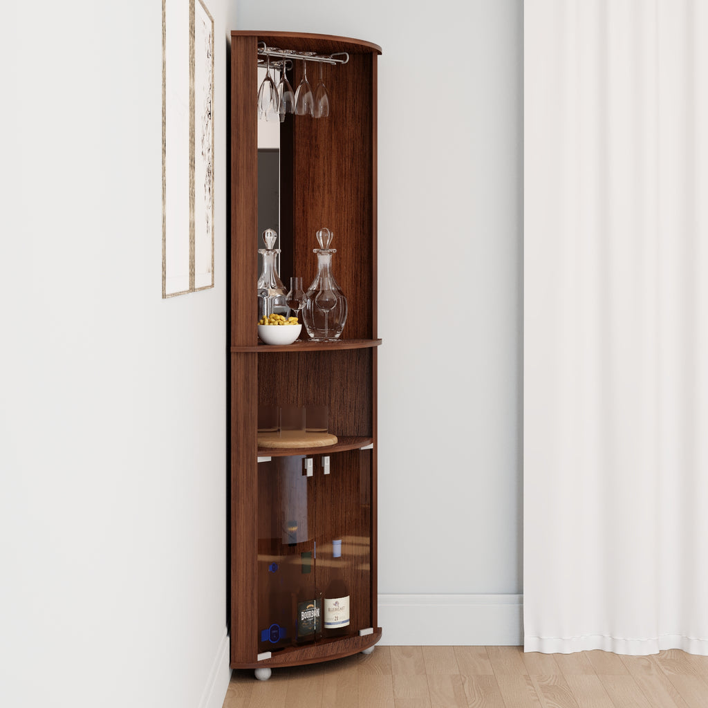 Boahaus Glasgow Corner Bar Cabinet with Glass Rack and Storage | Brown Premium Design