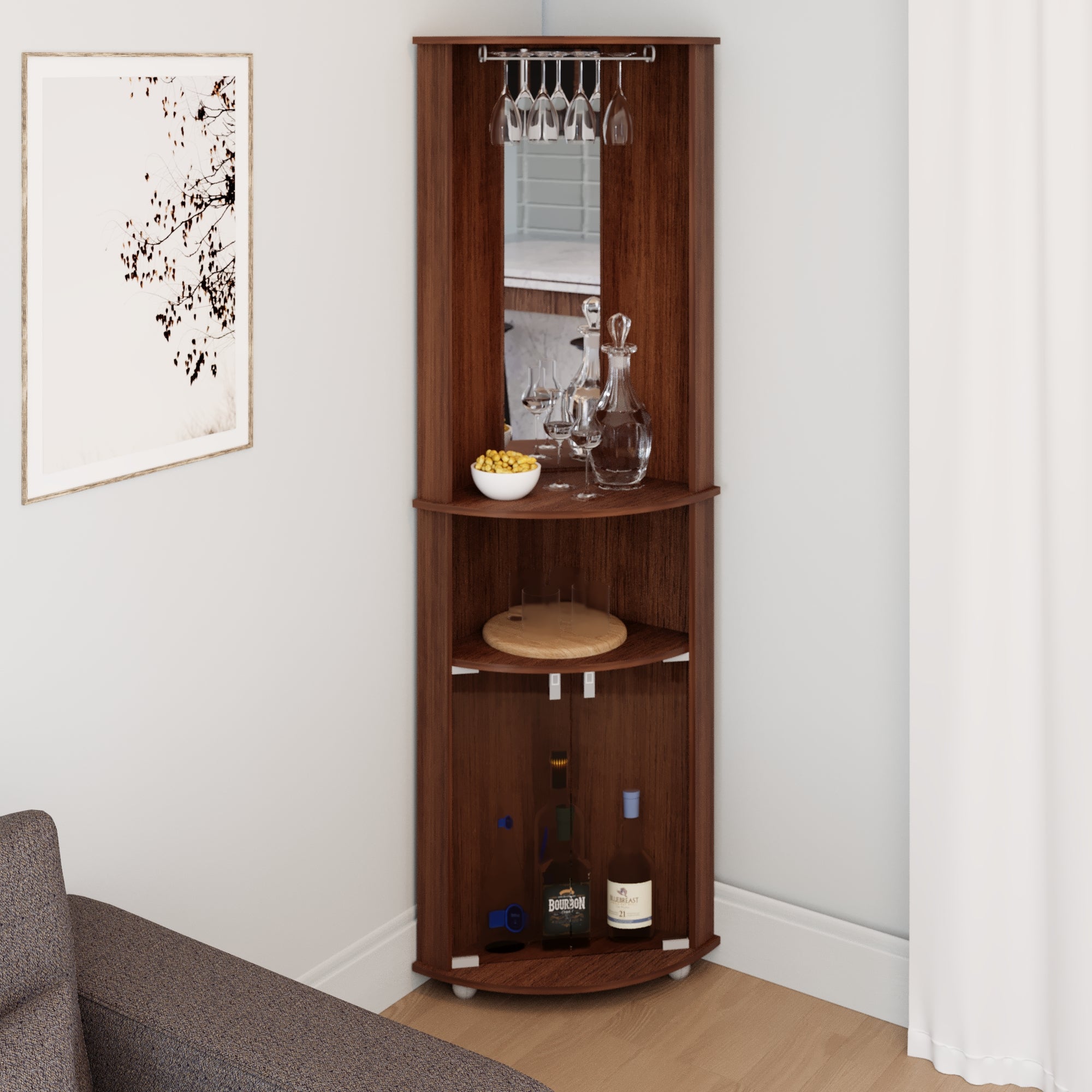 Boahaus Glasgow Corner Bar Cabinet with Glass Rack and Storage | Brown Premium Design
