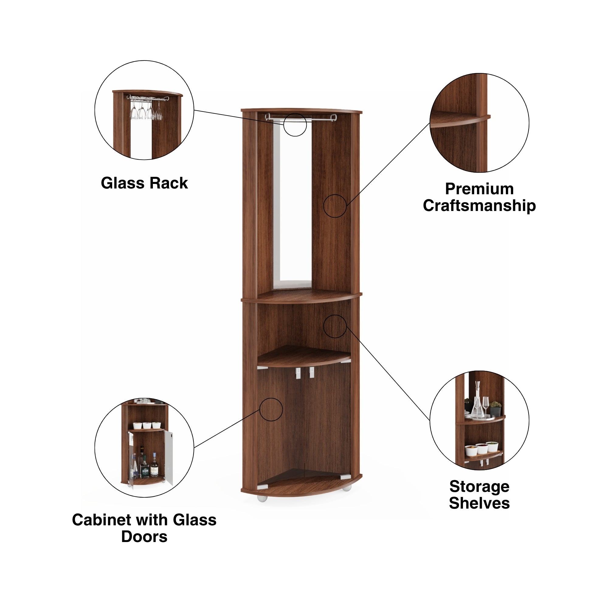 Boahaus Glasgow Corner Bar Cabinet with Glass Rack and Storage | Brown Premium Design