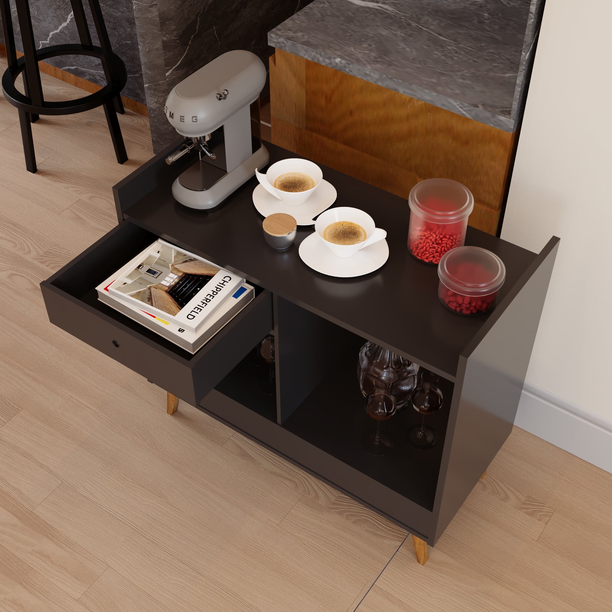 Boahaus Evershot Bar Cabinet with Open Shelves & Wooden Legs | Modern Design