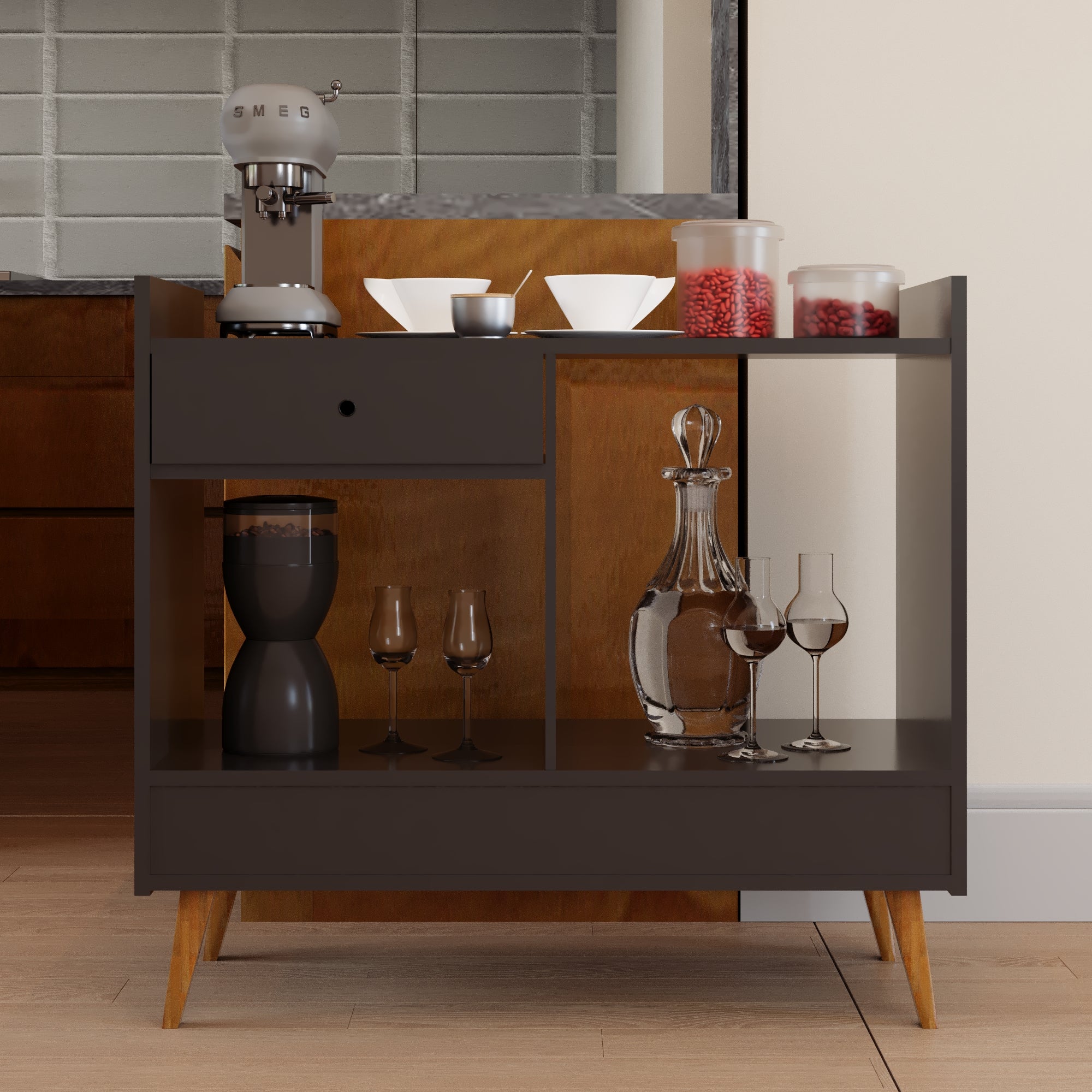 Boahaus Evershot Bar Cabinet with Open Shelves & Wooden Legs | Modern Design