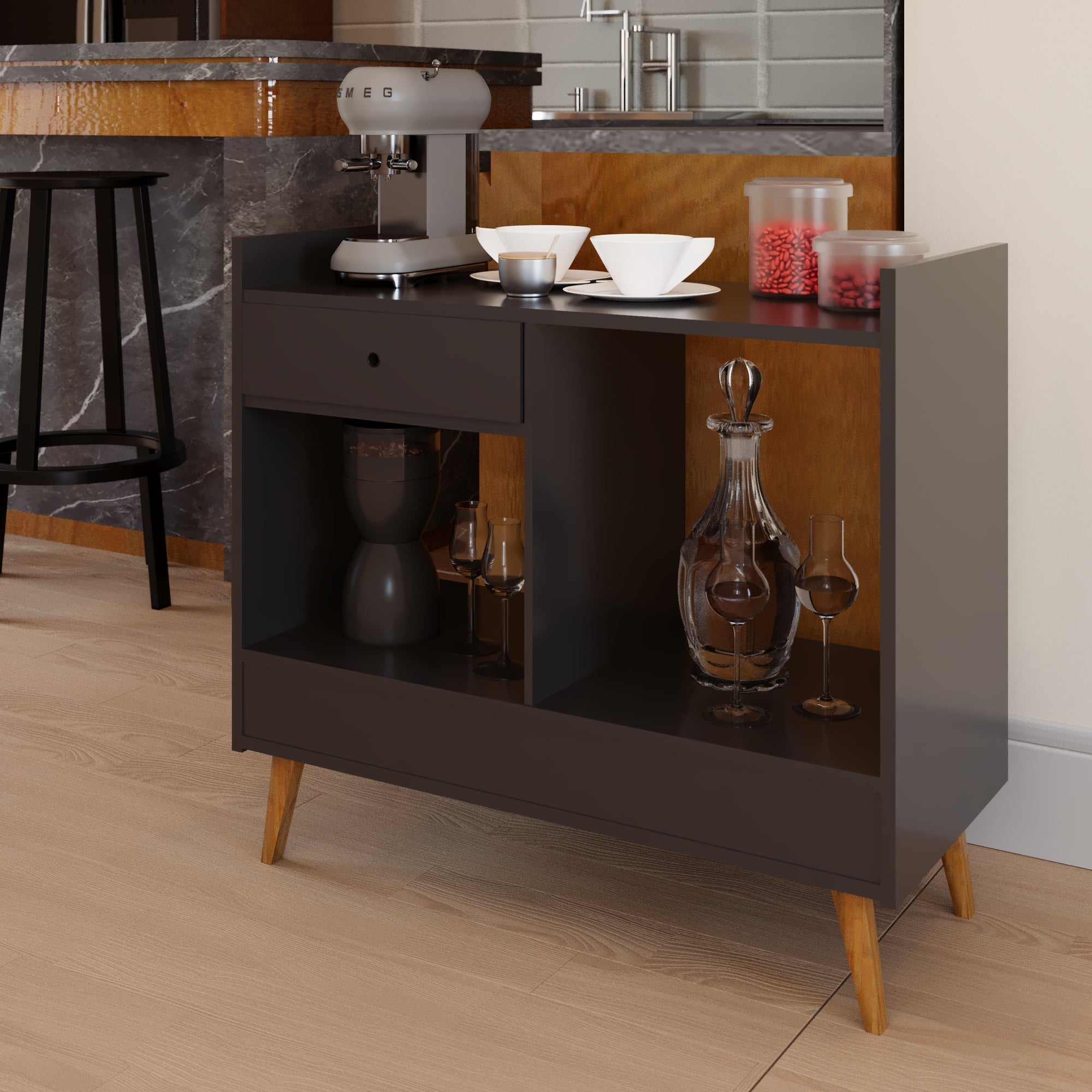 Boahaus Evershot Bar Cabinet with Open Shelves & Wooden Legs | Modern Design