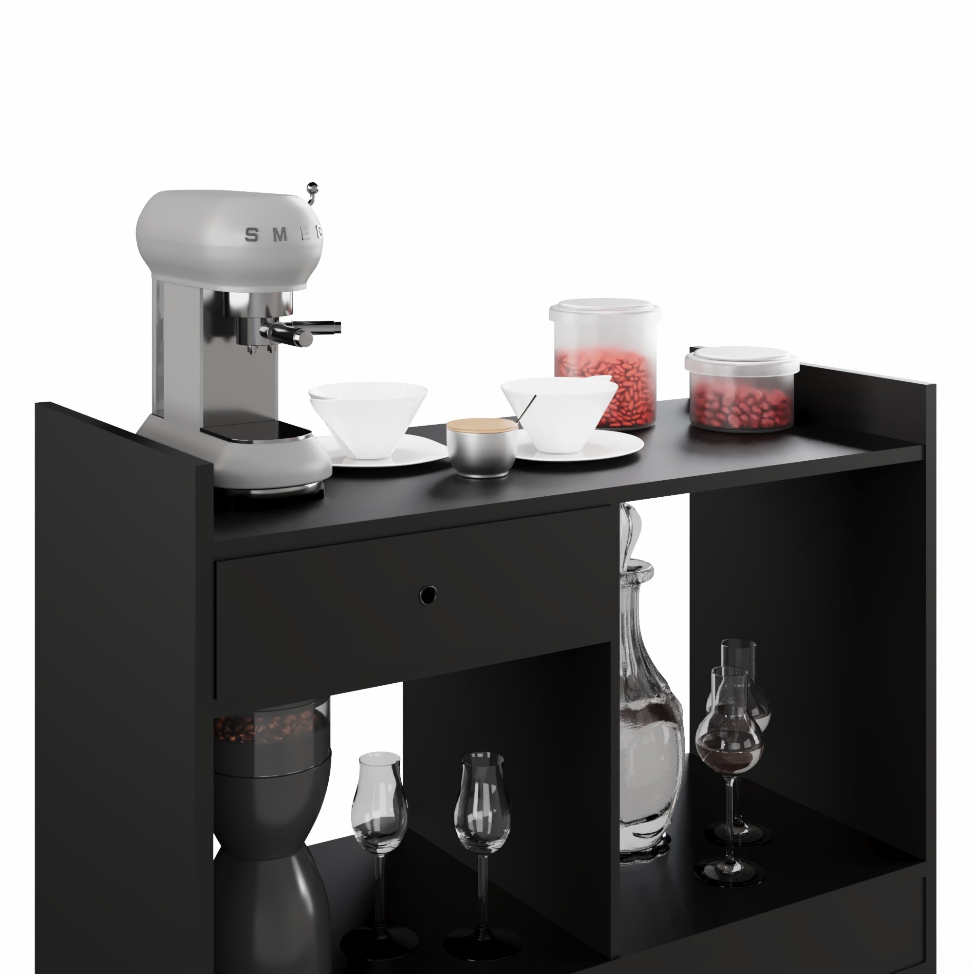 Boahaus Evershot Bar Cabinet with Open Shelves & Wooden Legs | Modern Design