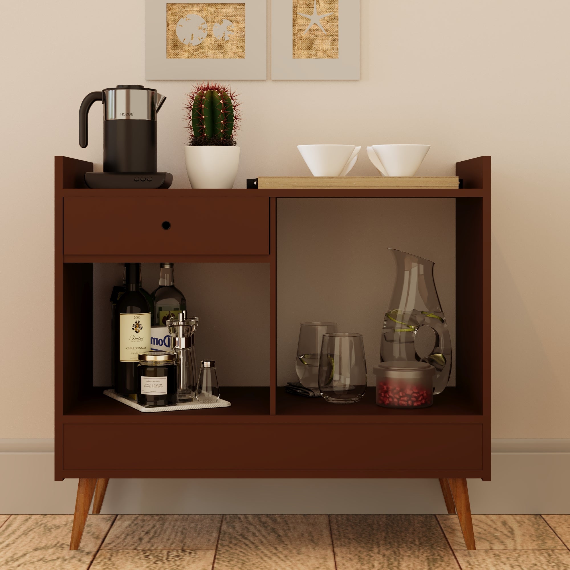 Boahaus Evershot Bar Cabinet with Open Shelves & Wooden Legs | Modern Design