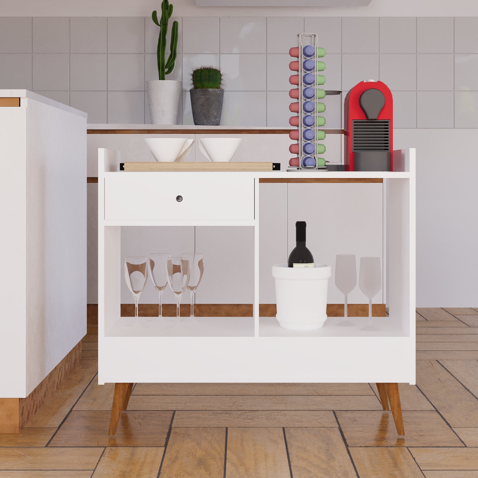 Boahaus Evershot Bar Cabinet with Open Shelves & Wooden Legs | Modern Design