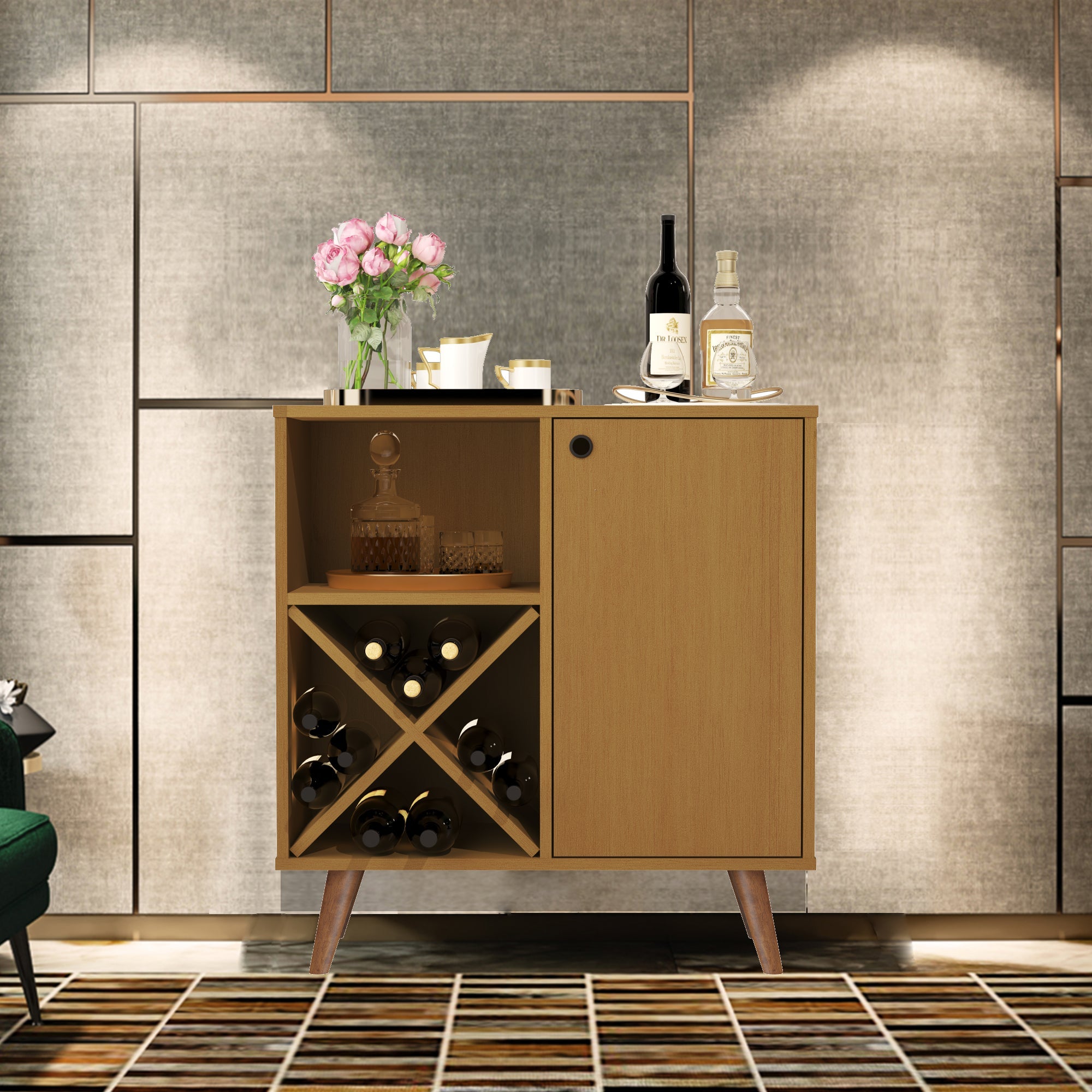 Boahaus Cartmel Bar Cabinet with Wine Rack & Storage | Modern Design & Wooden Legs