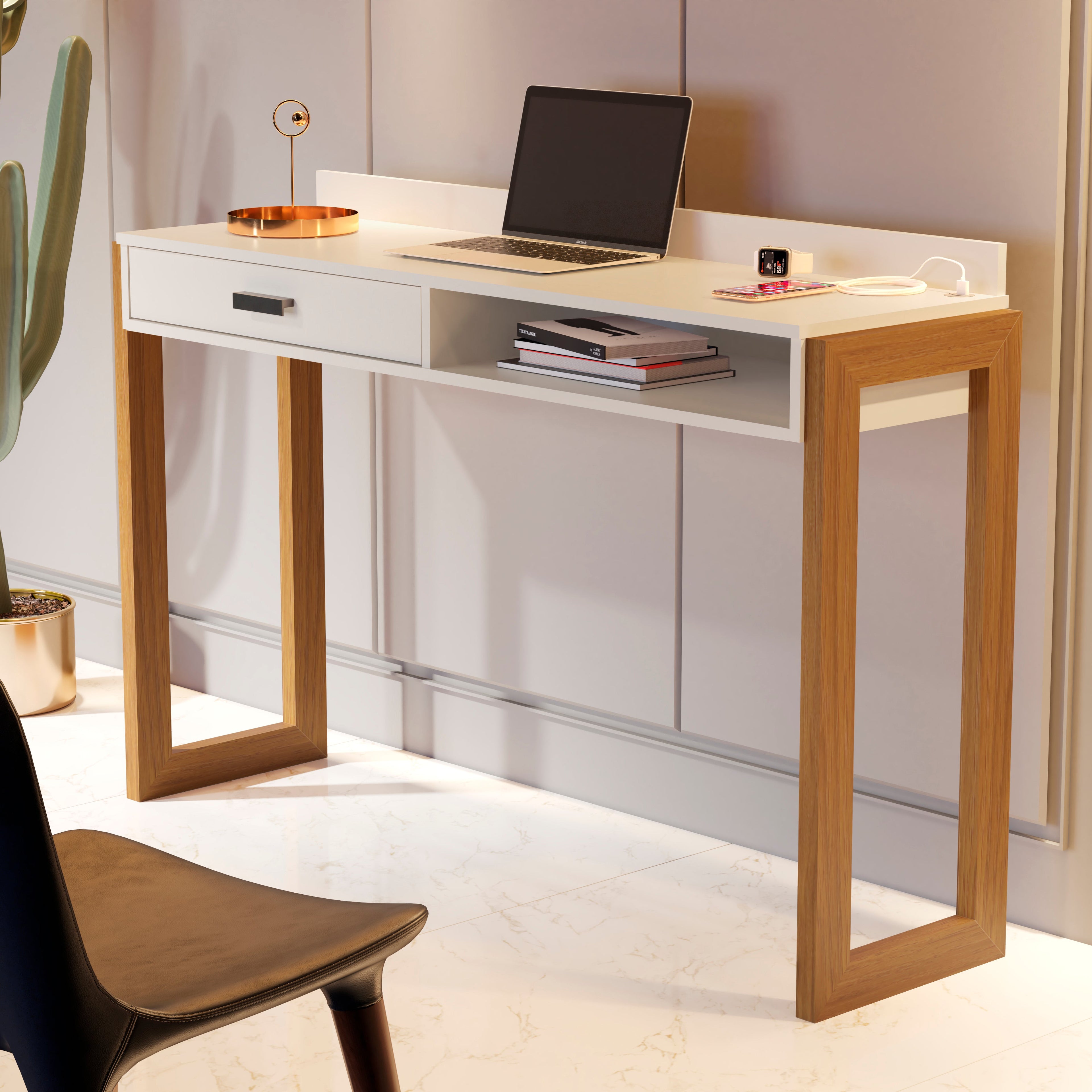 Boahaus Kettlewell Modern Computer Desk | Space-Saving Design with USB Ports